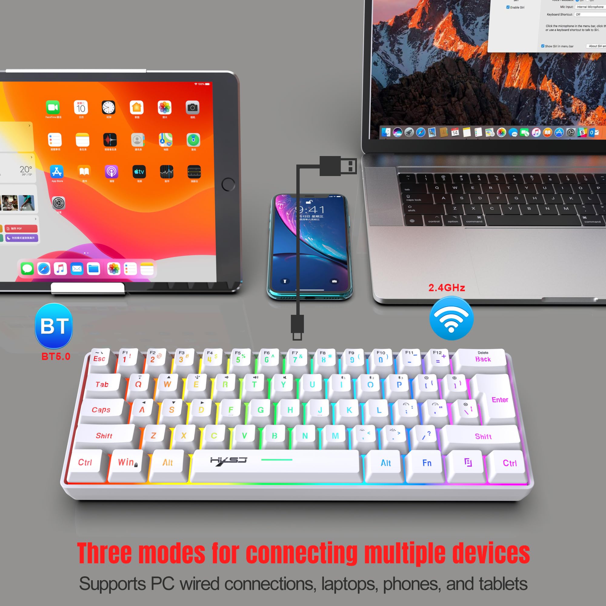 Teclado Gaming Inalambrico, 61 Teclas Bluetooth 5.0 + 2.4G Modo Dual Teclado Ergonómico Compacto Silencioso 60% Retroiluminado Arcoíris con Batería Recargable para Windows Mac PC PS4 Gamer, Blanco