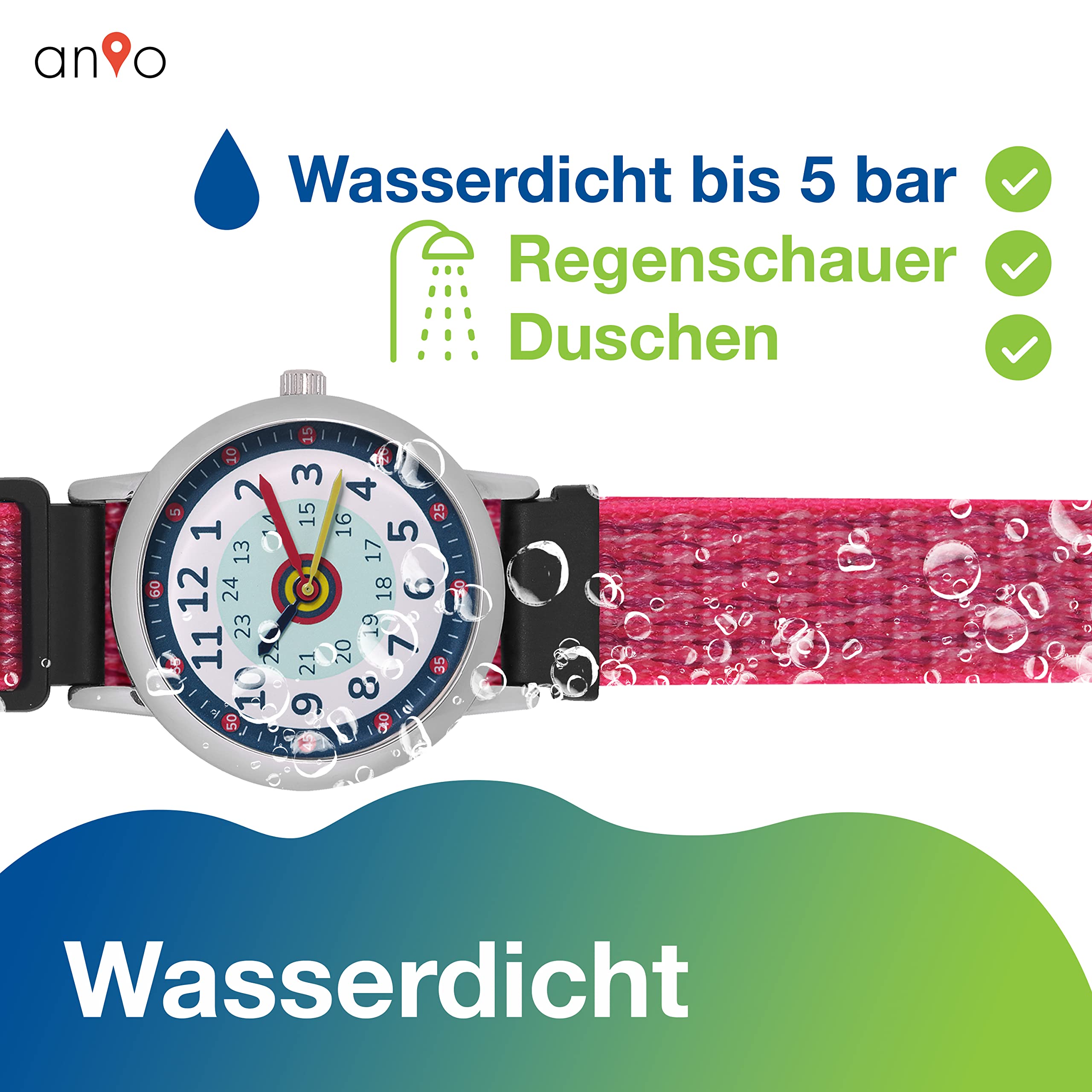 Anio 3 relojes de pulsera para niños – Reloj infantil para aprender la hora a partir de 6 años, resistente al agua hasta 5 bar, reloj infantil para niños y niñas, rojo, Correa