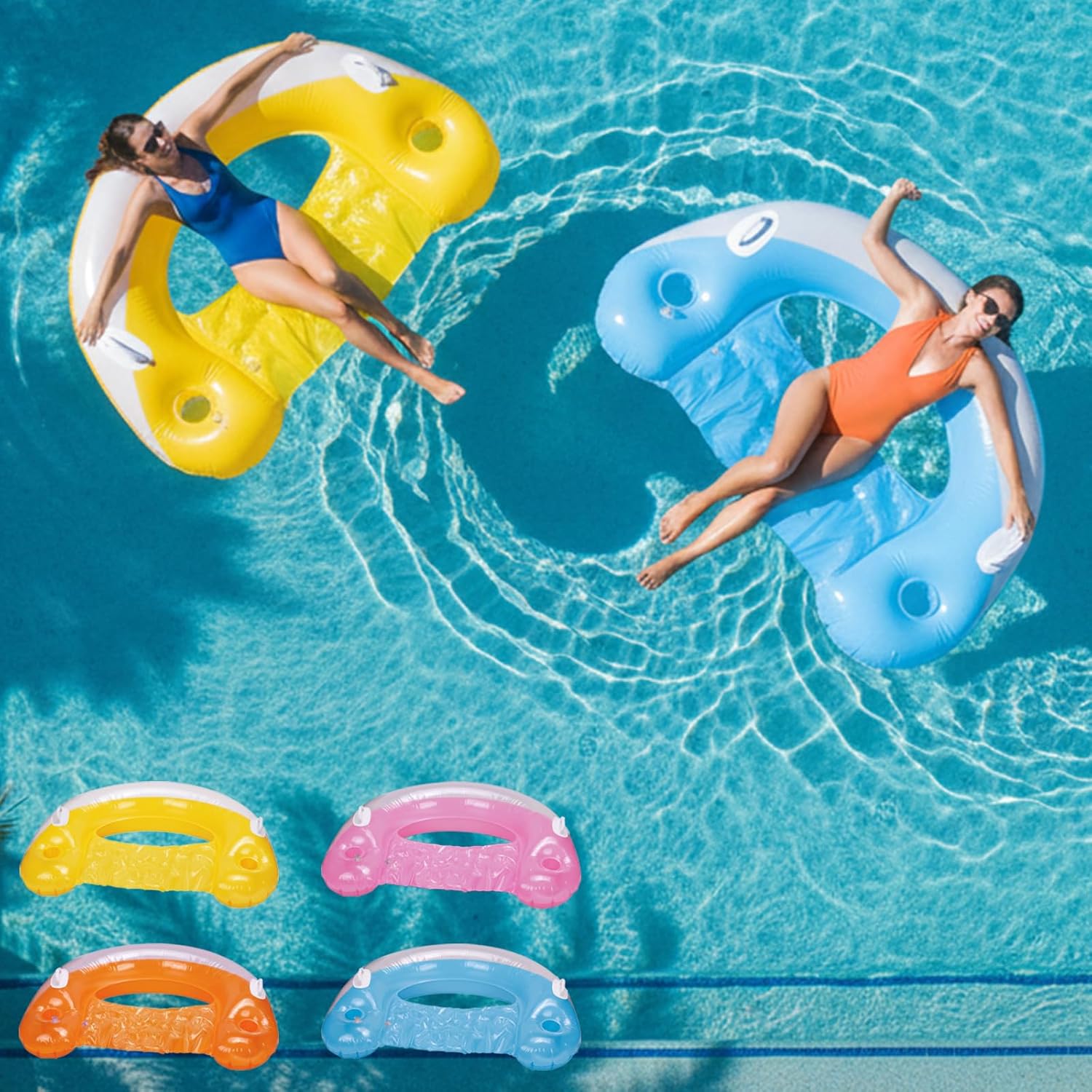 Inflatable Pool Floats Adult, 4 Pack Pool Floaties Chair Floats Loungers for Swimming Pools Floating Lounger with Cup Holders & Handles Toy Party Floaties for Pool Party, Lake, River, Sea, Outdoor