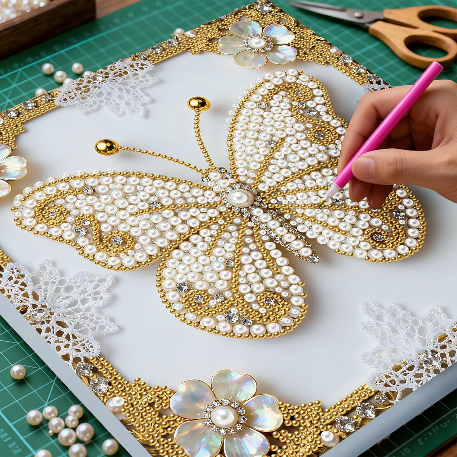 DIY Pearl Painting Kit with Wooden Frame, 3D Plastic Pearl Gemstone Ocean Art Craft for Adults Beginners, Diamond Dot Painting, Home Wall Decor Ready Gift for Women(Butterfly)(25 * 25cm)