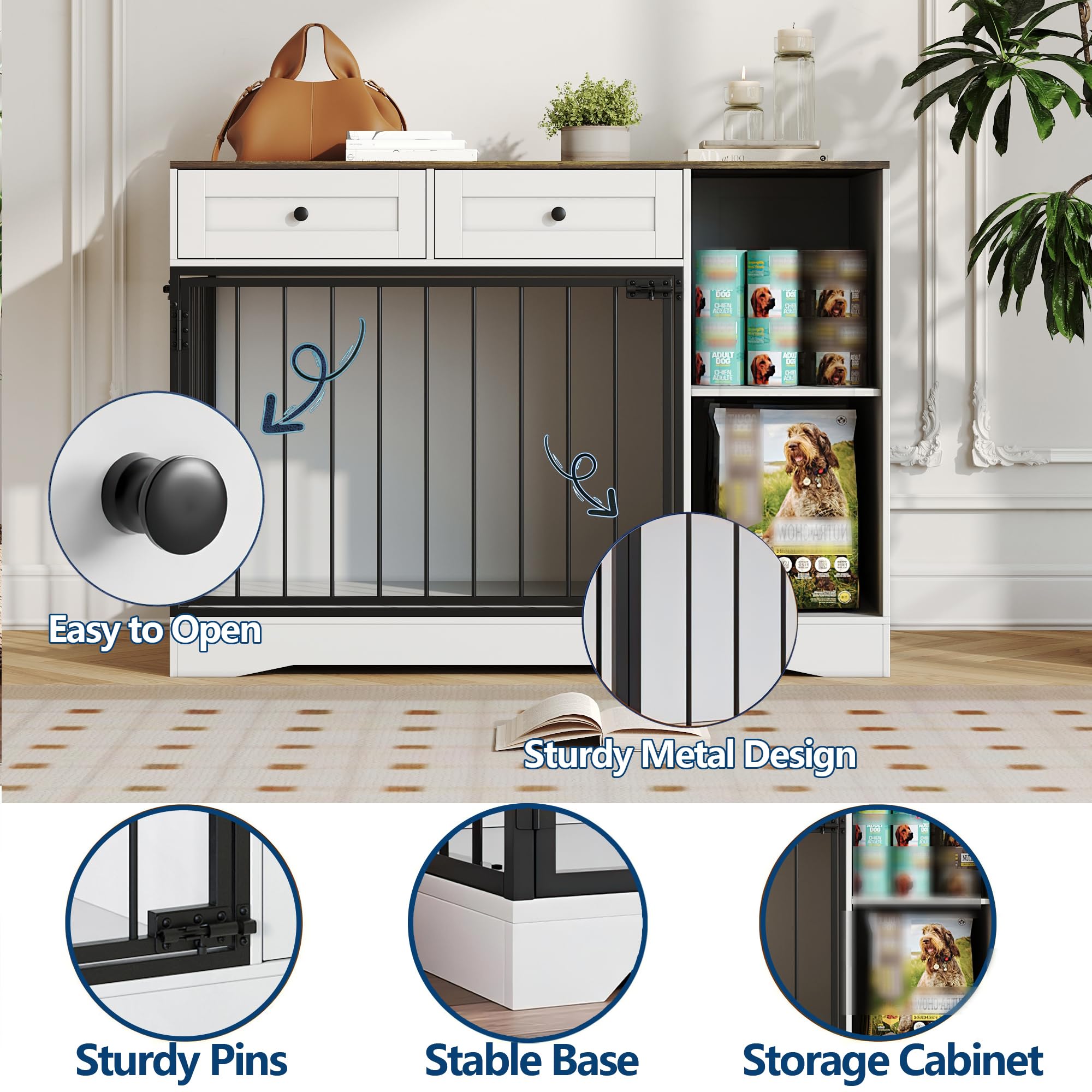 Hundekäfig Möbel, Hundebox 120 x 60 x 86cm für Zuhause mit 2 Türen, 2 Schubladen & Stauraum, Moderne Hundebox Holz, Beistelltisch, für Kleine und Mittelgroße Hunde, Hundekäfig Indoor, Weiß