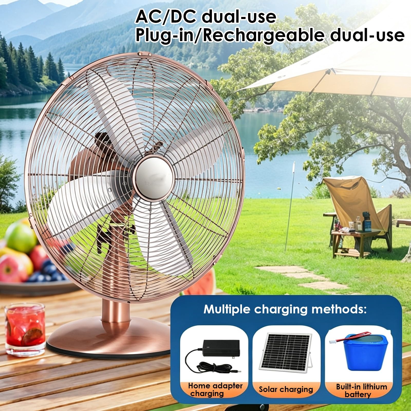 Ventilatore da Tavolo Oscillante Retrò, Ventilatore Solare con 4 Pale