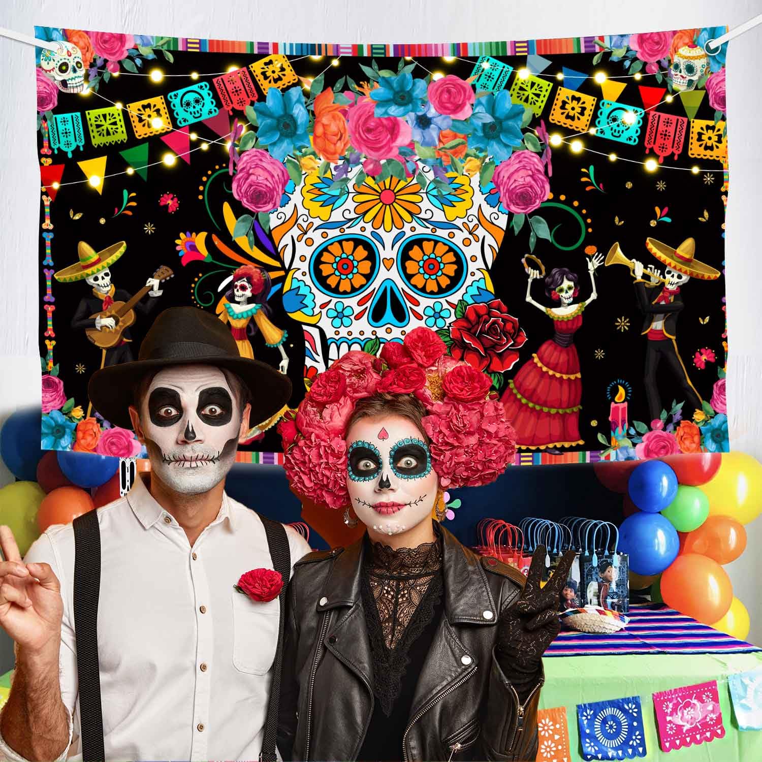 Toile De Fond Halloween Géante - 1,8x1,1m - Squelette Et Jour Des Morts Pour Fête Et Photo