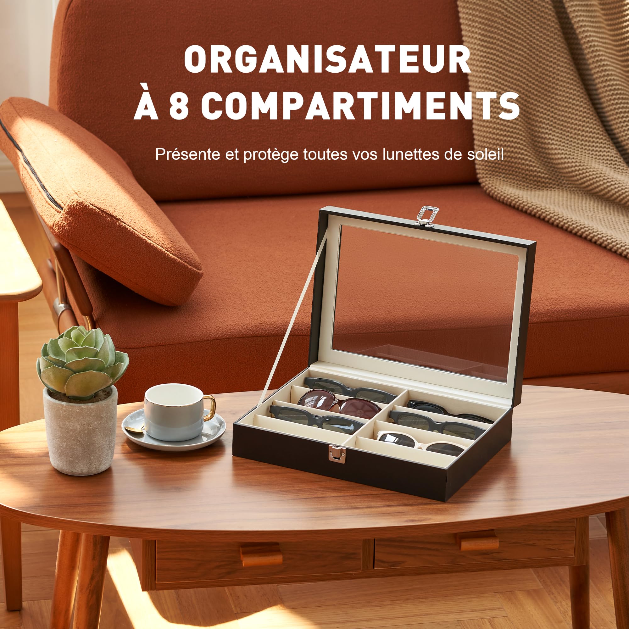 CO-Z Boîtier des Lunettes en PU Cuir, Organisateur de Lunettes de Soleil, Présentoir Lunettes de Rangement de 8/12 Compartiments