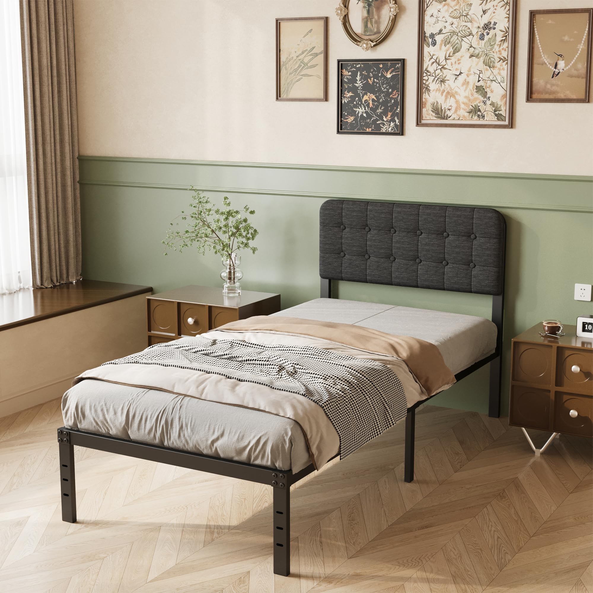 Lutown-Teen Cama 90 x 200 cm con Cabecero Tapizado Curvo, Somier 90x200 de Metal con Soporte de Lamas de Acero, Altura 36 cm, Almacenamiento Debajo de la Cama, Fácil Montaje, Libre de Ruidos, Negro