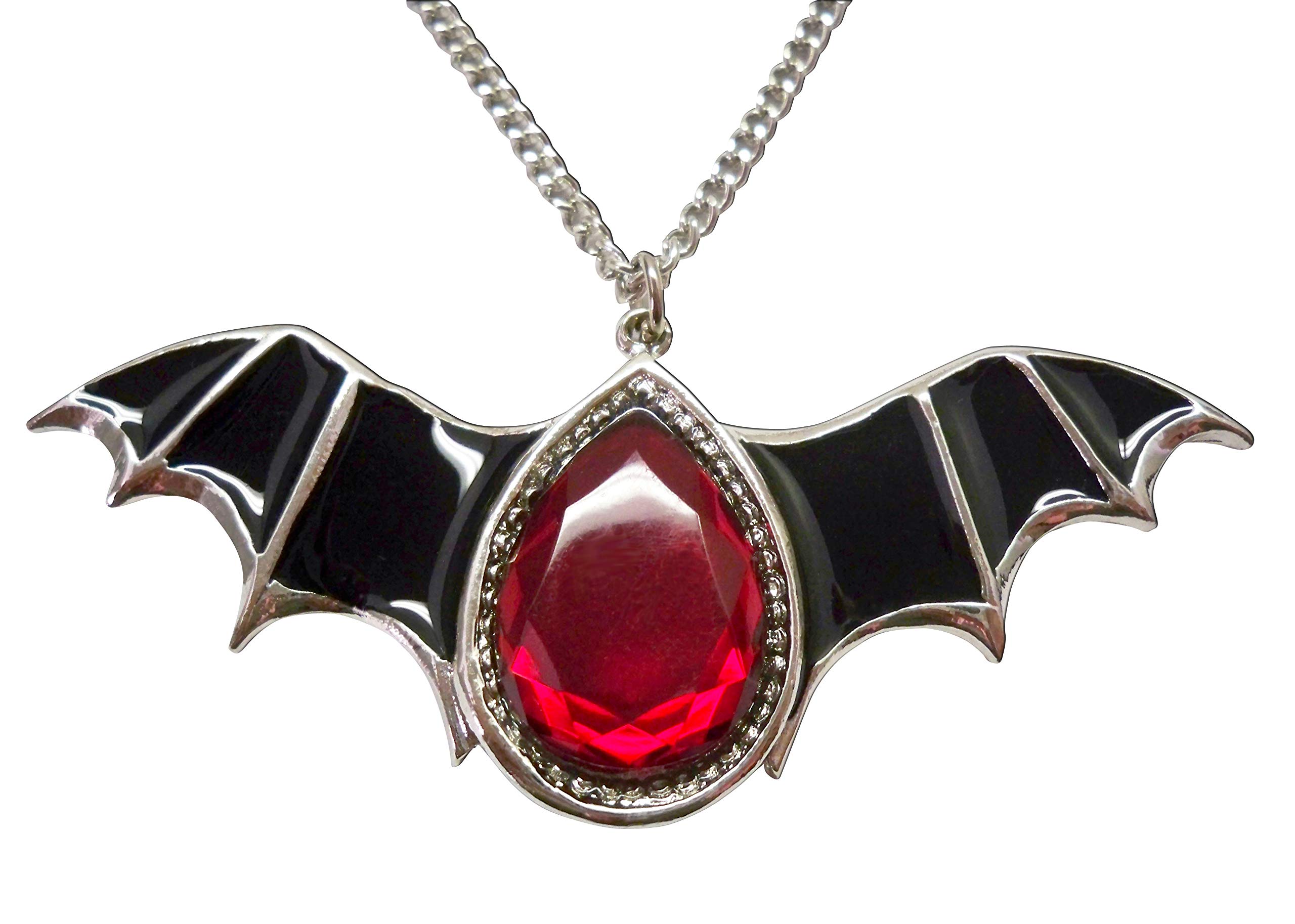 Real Metal Gothic Black Bat Wings and Blood Red Stone Pewter Pendant Necklace