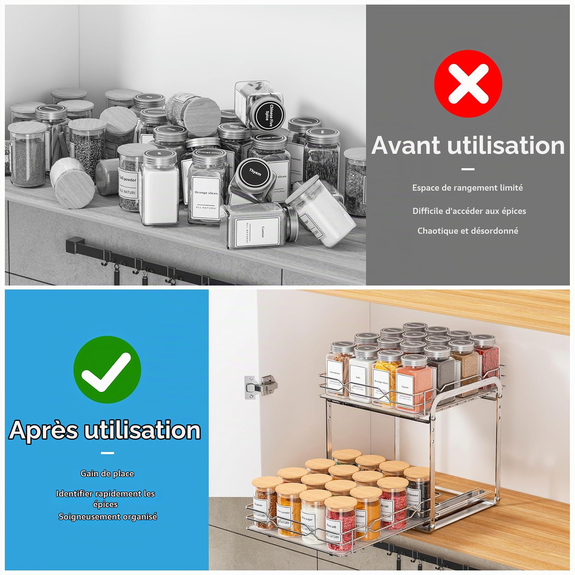 Étagère À Épices Pour Intérieur D'armoire, Organiseur De Placard Coulissant, Étagère À Épices À 2 Niveaux, Organiseur À Épices En Acier Inoxydable À Hauteur Réglable, P23,4*L26.4*H25CM