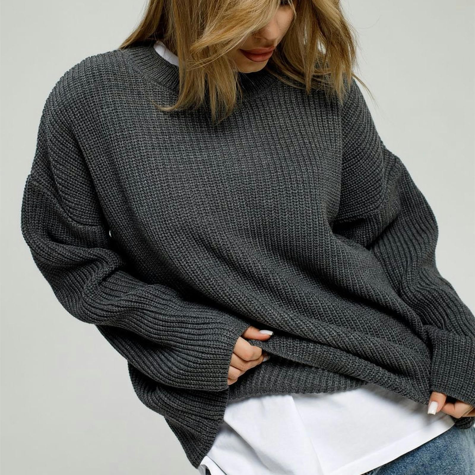 Swetry dla kobiet Sweter damski Jednoczęściowy okrągły dekolt Sweter Wiosna i jesień Luźny sweter z dzianiny Sweter Casual Fashion-White-XL