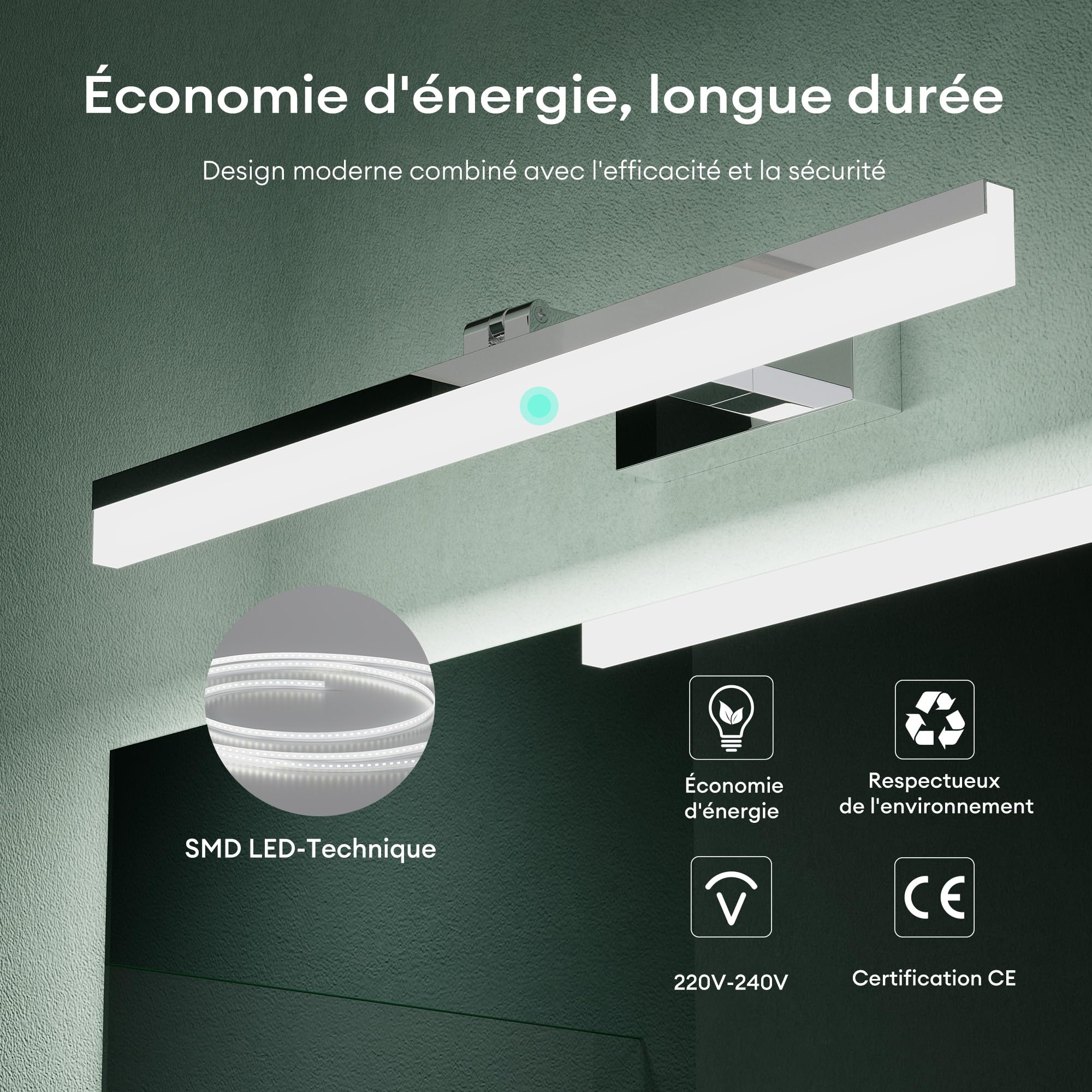 Mai & Mai Lampe Murale Miroir LED 6000K pour Salle de Bain Chrome 40cm | Lumière Miroir Moderne, Applique Rotative à 180°, IRC ＞ 80, Puissance 9W, Étanche et Antirouille, Desgin Luxaris