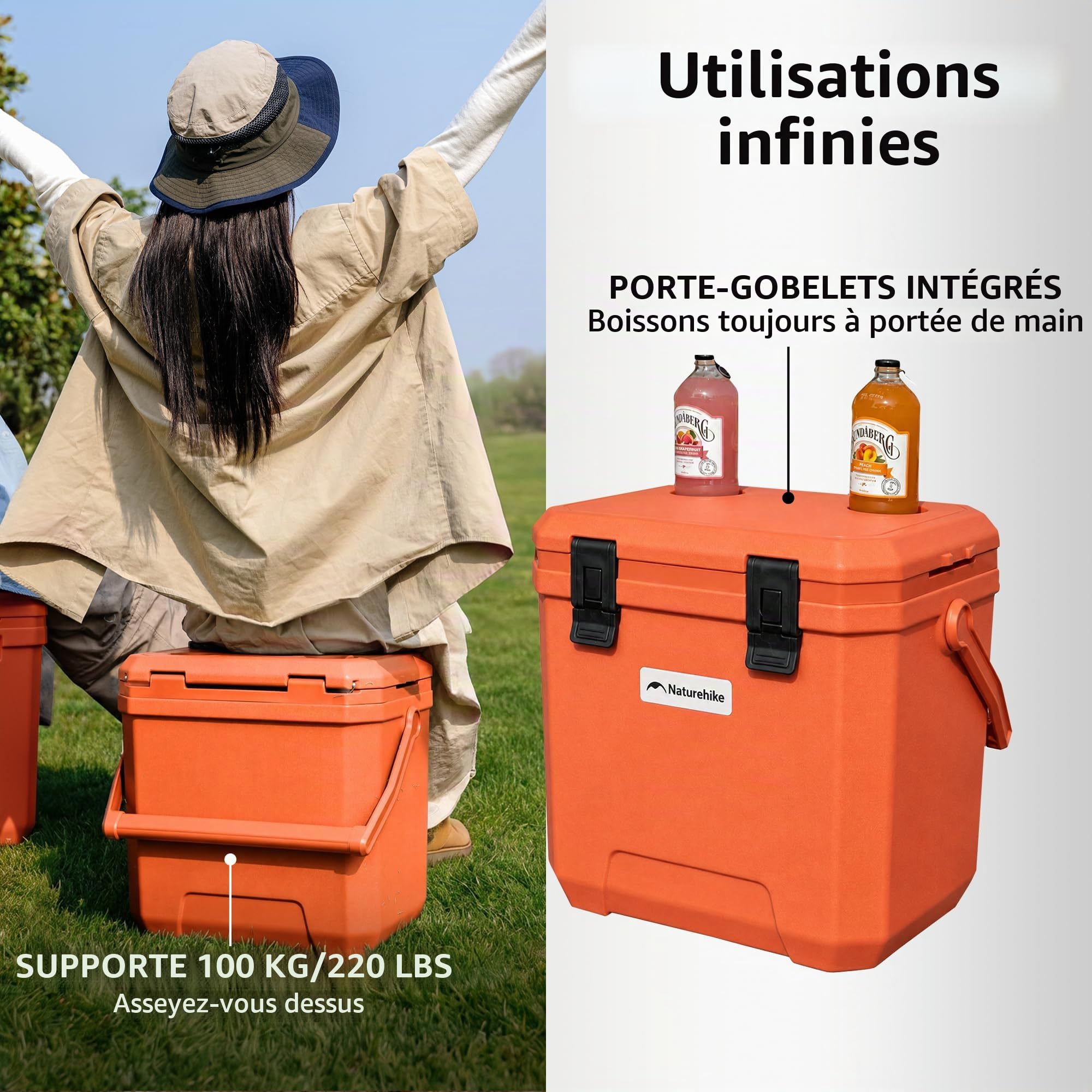 Naturehike Glacière 17 litres/24 litres/36 litres Boîte isotherme en polyuréthane de qualité supérieure 48 heures Capacité de refroidissement Sac isotherme pour camping, pique-nique, festival, voiture