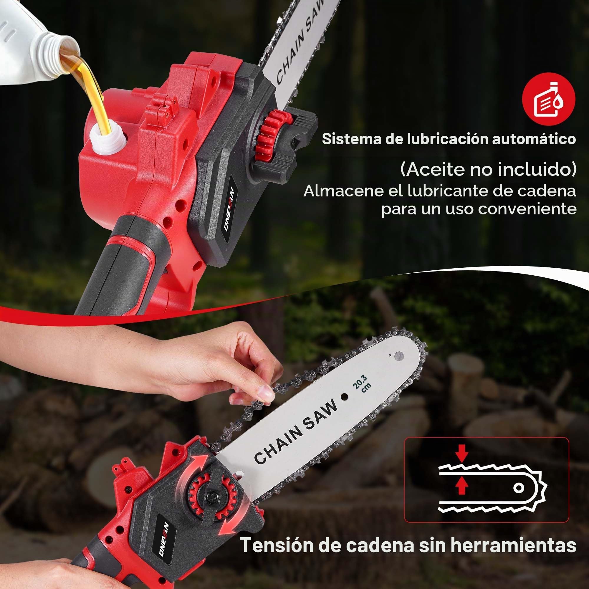ONEVAN Motosierra inalámbrica, 8 y 10 pulgadas, lubricación automática | Con 2x 3.0Ah baterías, diámetro de corte 20 cm, velocidad de corte 10m/s, sustitución de la espada sin herramientas
