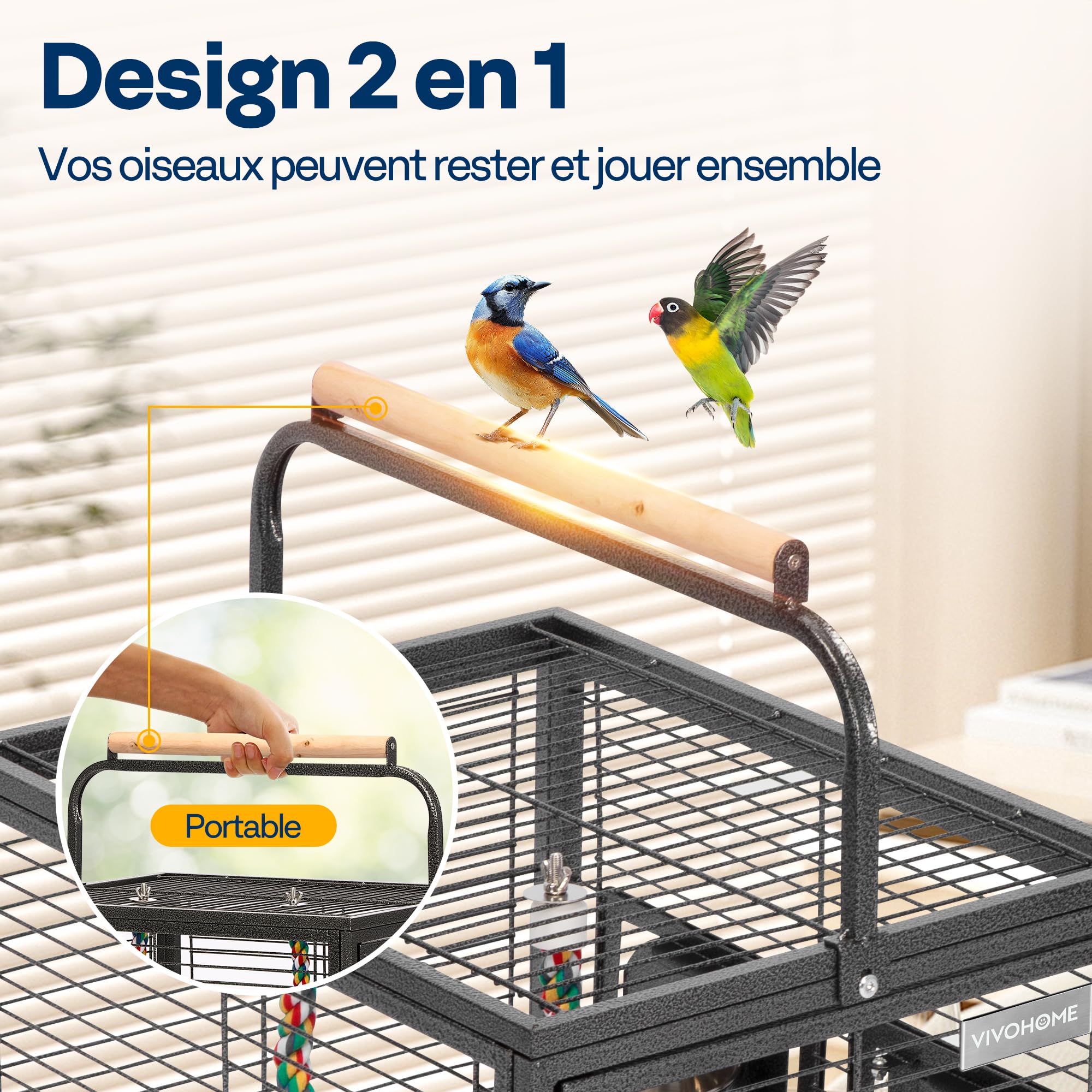 VIVOHOME Cage de Transport en Fer Forgé 48cm pour Oiseaux avec 2 Mangeoires, Perchoir en Bois et Plateau Coulissant, Portable pour Perroquets Conures Inséparables Calopsittes et Perruches, Noir