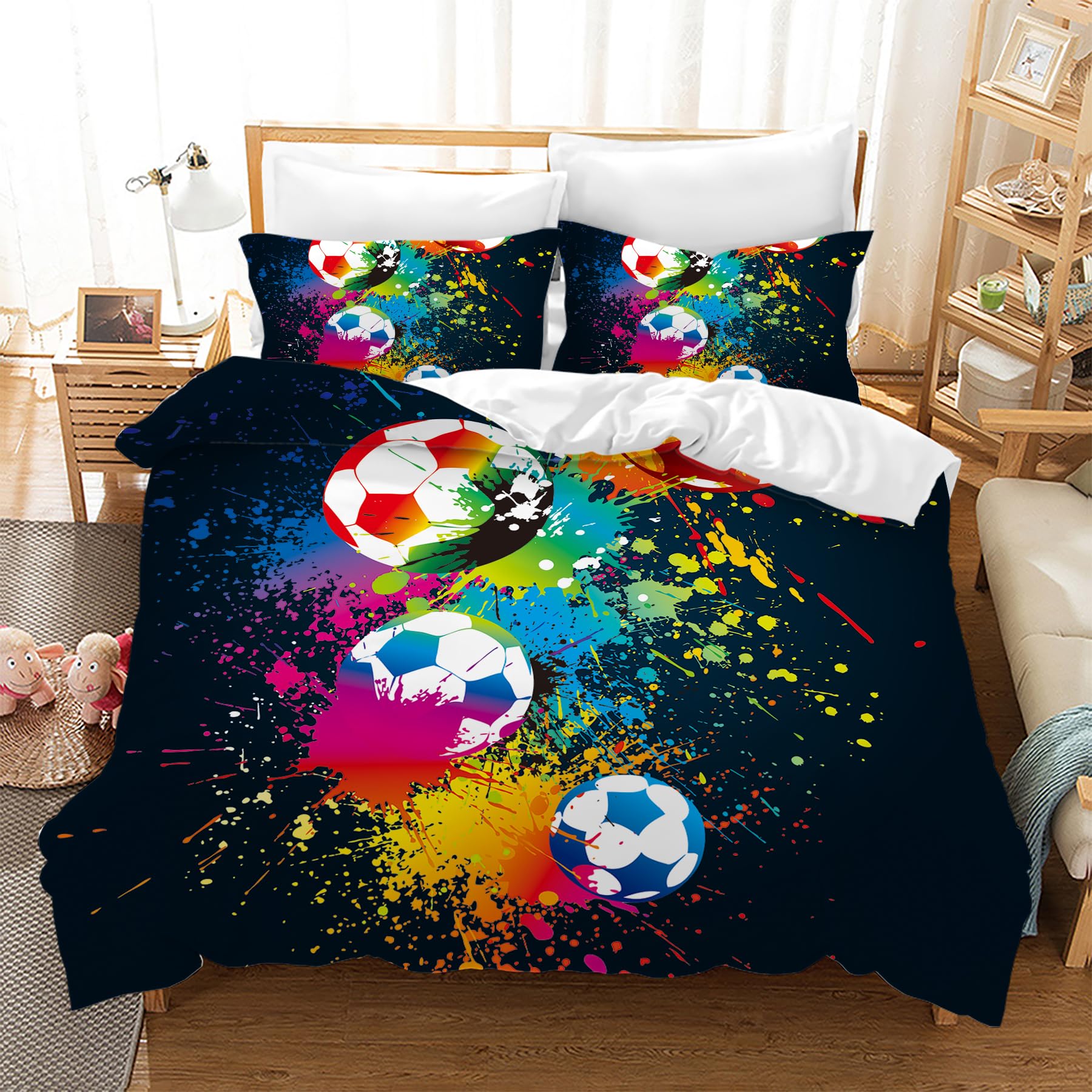 Set Biancheria da Letto da Calcio 200×200cm 3D Copripiumino da Calcio per Bambini Copripiumino da Calcio a Tema Sportivo in Microfibra per Bambini + 2 Federe 50 x 75 cm(ZQ1)