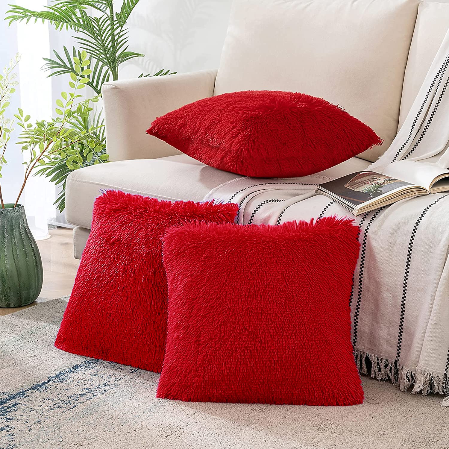 PICKKART Faux Fur Throw Pillow Covers-16" x 16",Set of 3 - Soft Cushion Cases - Fuzzy Fluffy Cozy for Sofa Bed Decor Couch Bedroom Without Insert. 16x 16 Inches/ 40 x 40 cm (Red) (B09ZF5WH6S) Amazon Price History, Amazon Price Tracker