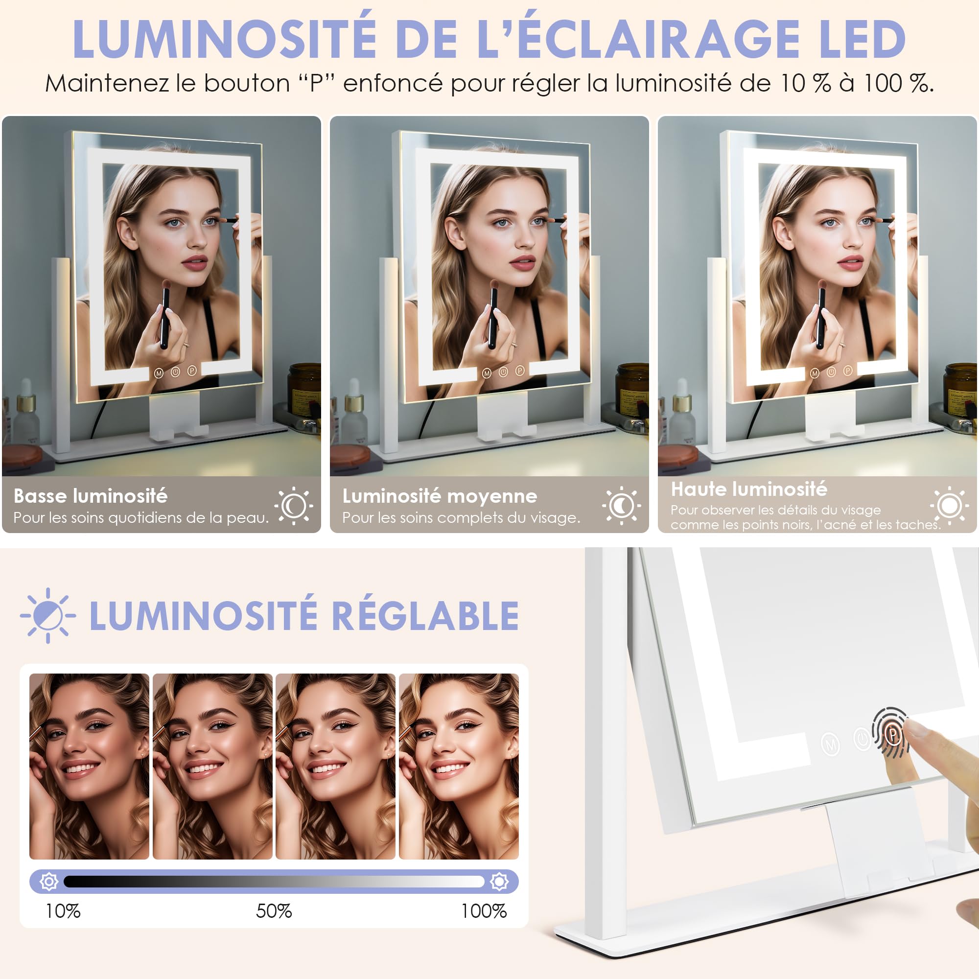 LuxeVue Miroir de Maquillage avec lumières, Miroir de Table 30x36 cm, 3 Modes d’éclairage réglables par capteur Tactile, Miroir grossissant Amovible 15X (Petit miroi Rond), Cadre en métal
