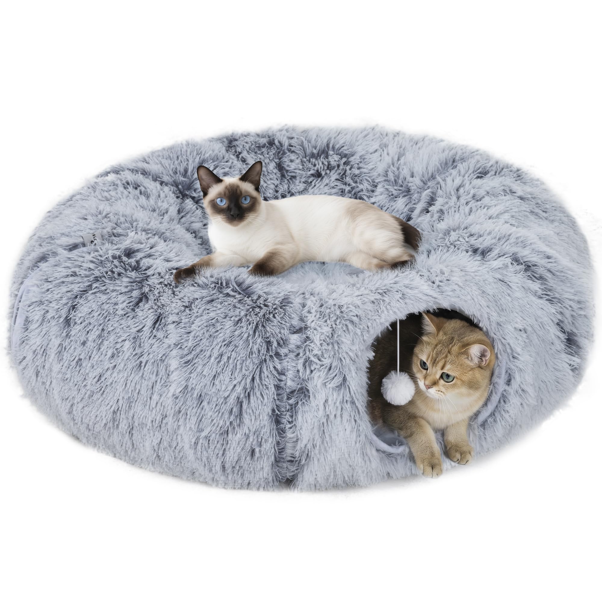 PawHut Tunnel pour Chat Intérieur 2 en 1 avec Lit de Chat en Tissu Suède Doux, Tunnel Chat Rond Pliable en Forme de Donut avec Coussin Circulaire Lavable, Jouet Balle et Trou d'Entrée, Gris Clair