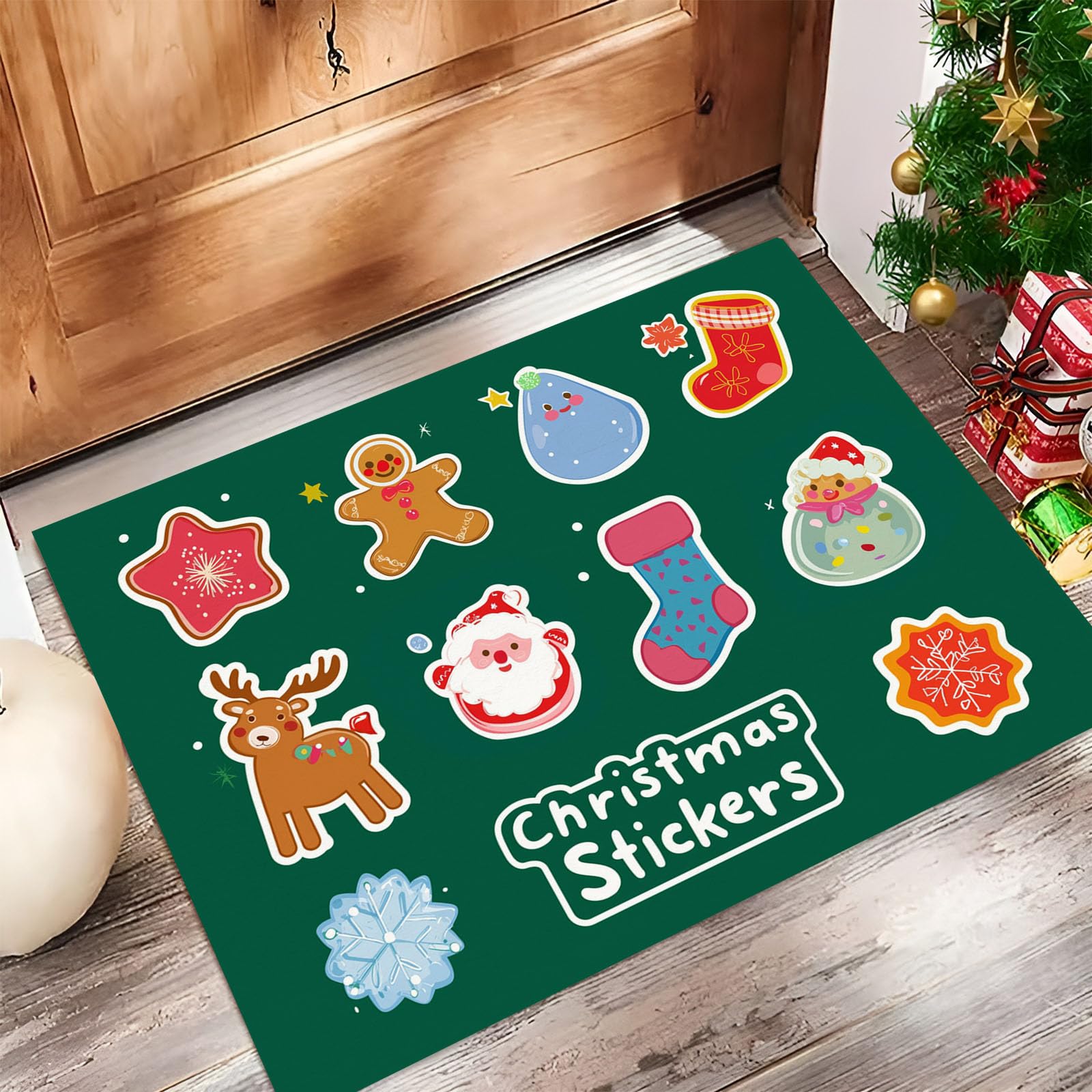 Felpudo Exterior e Interior, 90x150cm Alfombra Entrada Papá Noel Renos Hombre Jengibre Antideslizante Lavable, Alfombrilla Navideños Absorbentes para Puerta de Casa, Pasillo, Cocina, Verde Oscuro