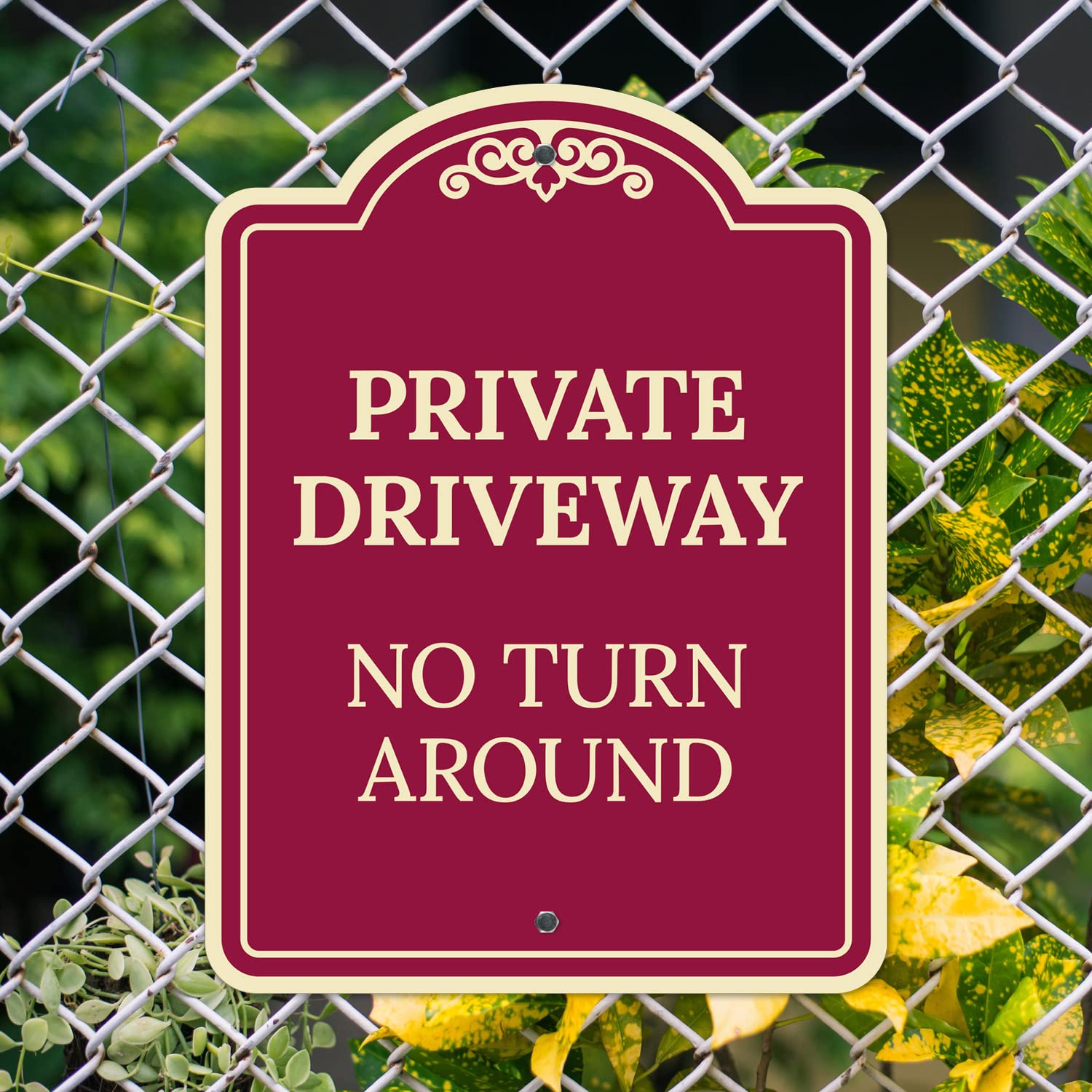 Private Driveway No Turn Around Décor Sign, (SI-73330) Burgundy Dark, 18x24 Inches, Rust Free .040 Aluminum, Fade Resistant, Made in USA by Sigo Signs