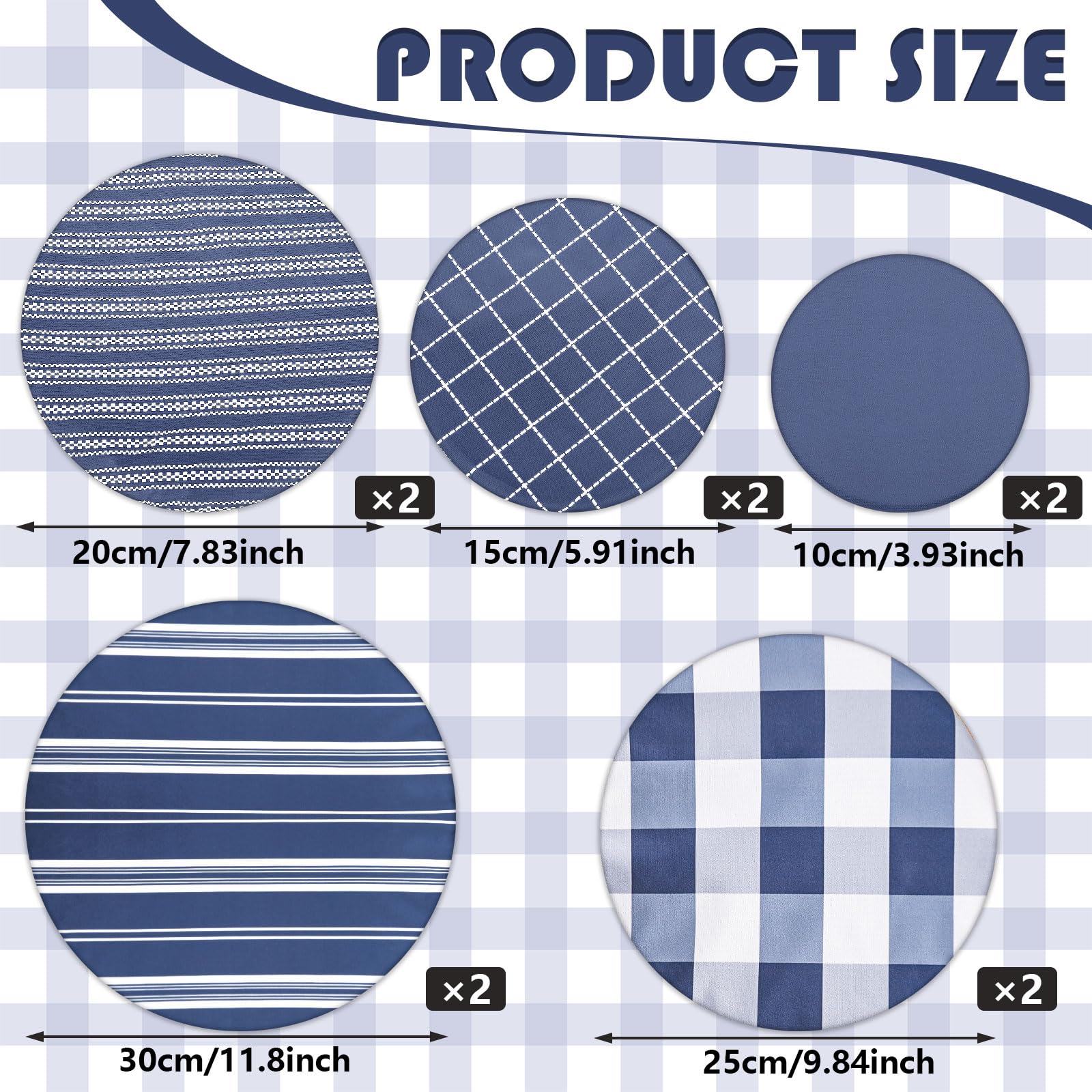 Whaline 10Pcs Bowl Covers Reusable In 5 Size Blue Stretch Cloth Fabric Dish Cover Farmhouse Plaid Blue Ticking Stripe Lids for Food Fruits Leftover Storage