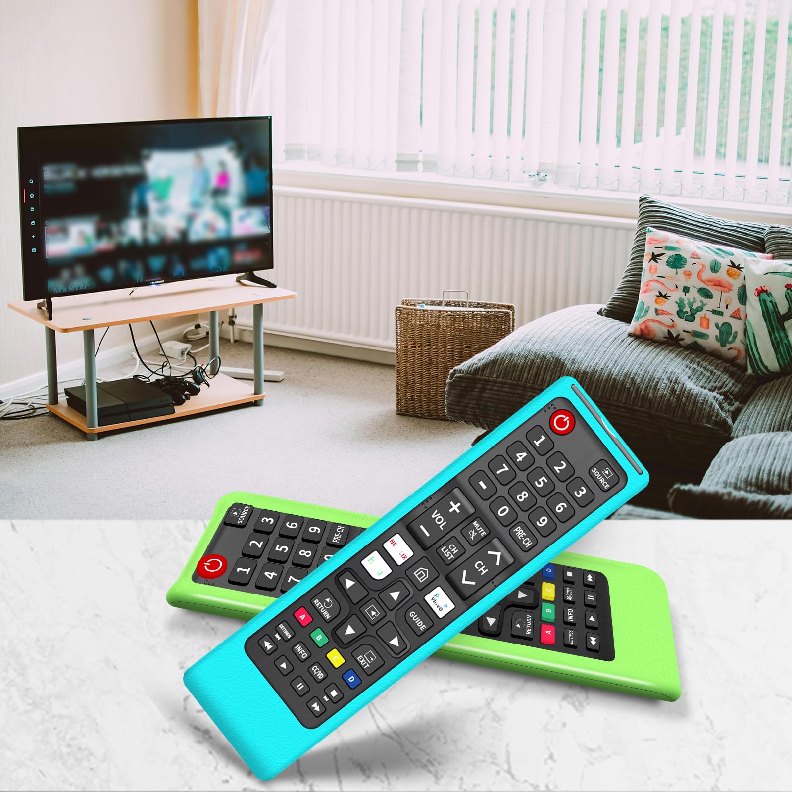 Lot de 2 + 2 télécommandes de rechange universelles pour TV Samsung avec coque de protection en silicone souple verte et bleue, compatible avec les modèles de téléviseurs intelligents Samsung LCD LED