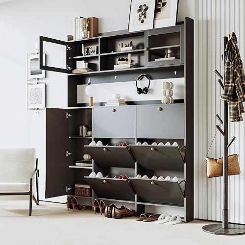 Voohek Zapatero moderno independiente con 24 cubos y 3 secciones grandes, armario de almacenamiento con base curva, para sala de estar, dormitorio, Voohek Zapatero moderno independiente con 24 cubos y 3 secciones grandes, armario de almacenamiento con base curva, para sala de estar, dormitorio,