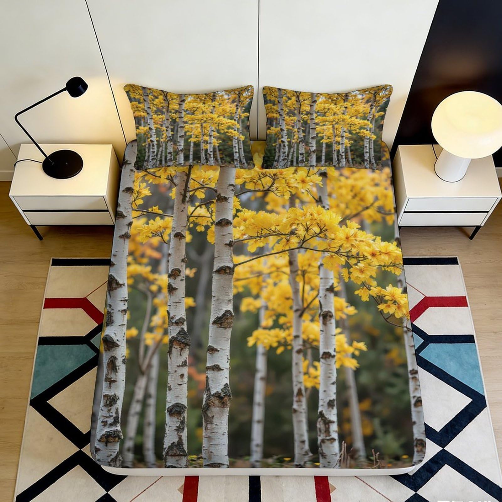 3D Printed Autumn Birch Forest Fitted Sheet Microfiber Mattress Cover Yellow Tree Decor for Bedroom Guest Room 120x200x25cm
