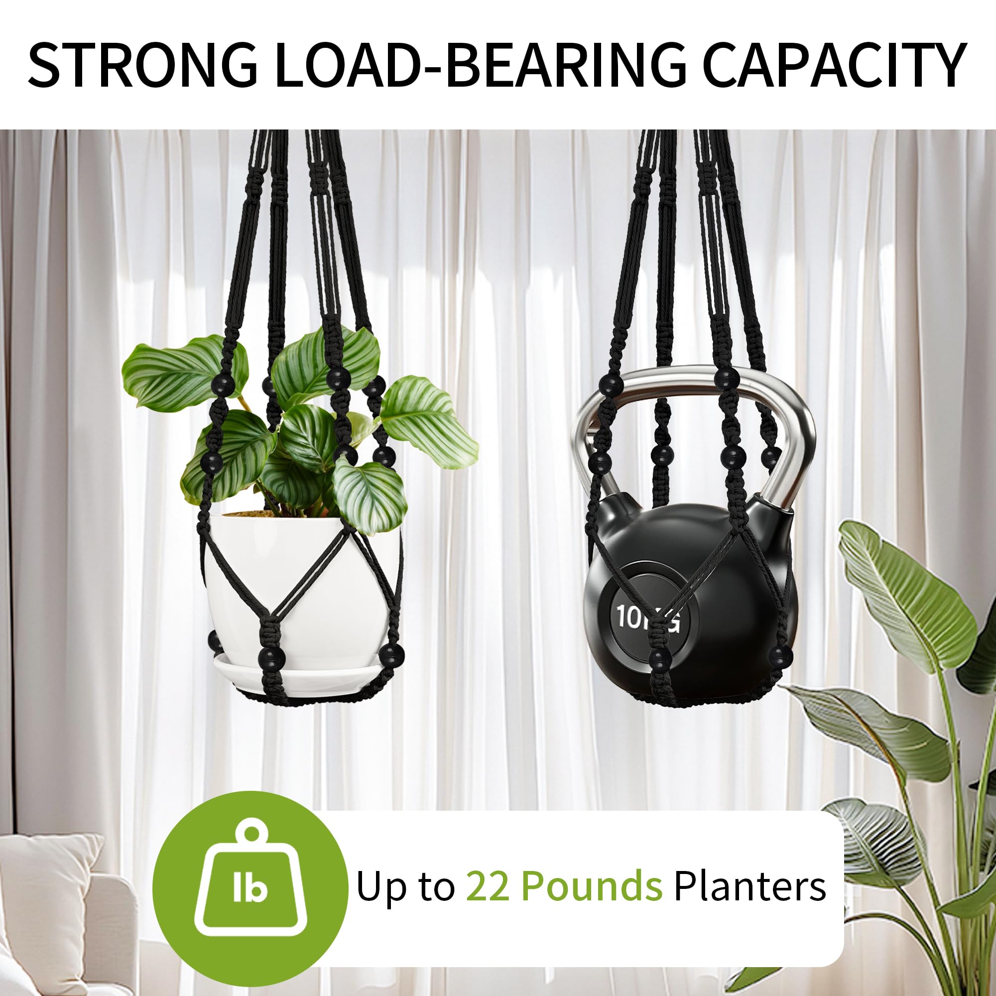 Lot de 3 suspensions en macramé pour plantes – 109,2 cm/88,9 cm/73,7 cm de différentes tailles, support de pot de fleurs à suspendre pour intérieur et extérieur, avec perles en bois