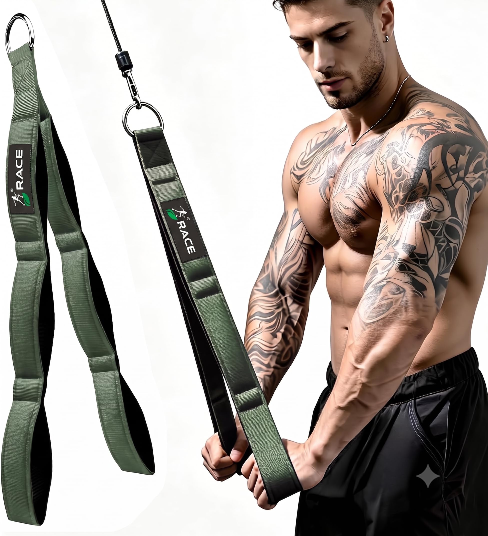 RACE® Premium Tricep Rope Cable Attachment Handles, Greater Range of Motion, Tricep Pull Down Rope for Push Downs, Crunches, Facepulls for Professional Gym (Military Green)-image-13