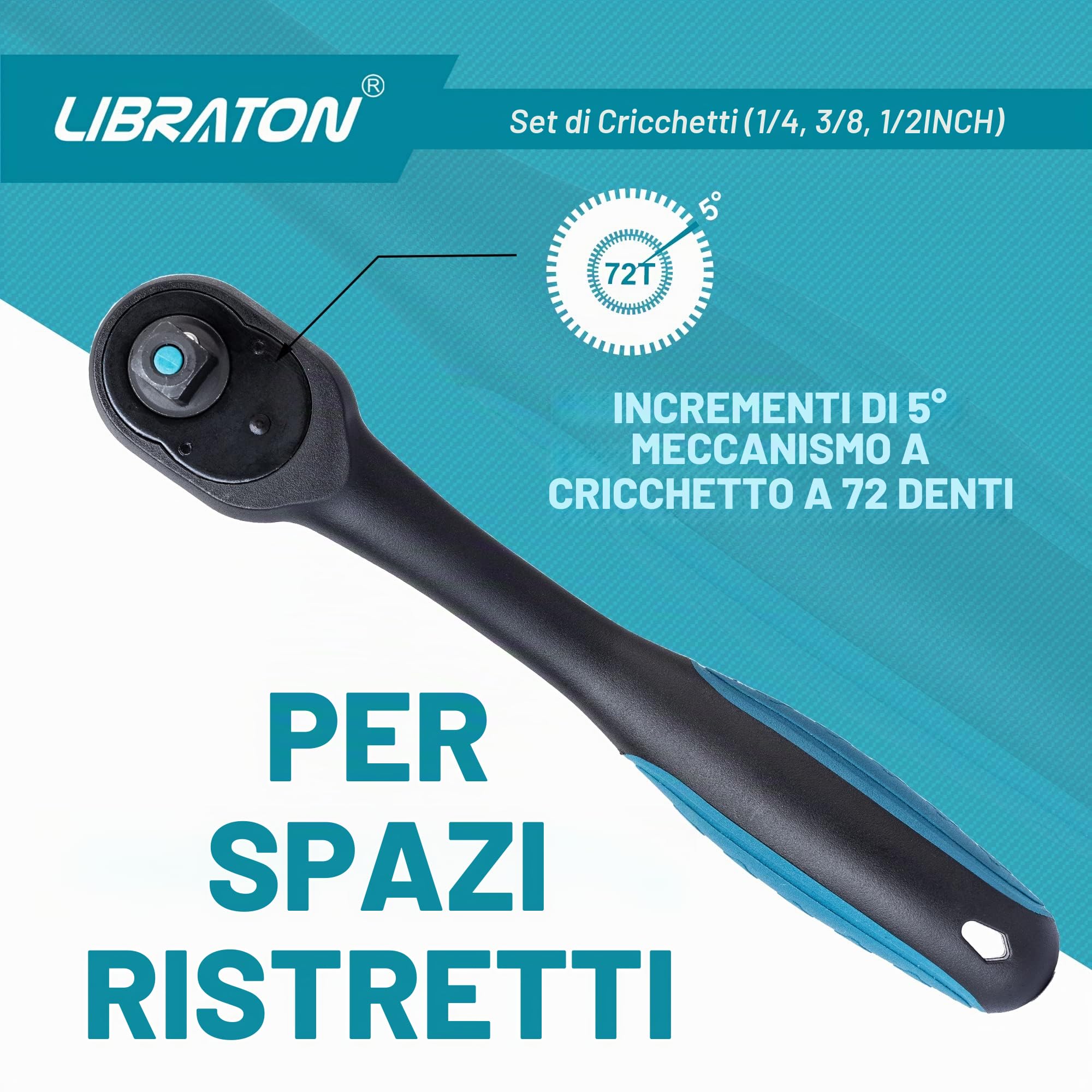 LIBRATON Cricchetto reversibile, Set di 3 chiave a cricchetto 1/4", 3/8", 1/2", impugnatura a cricchetto sgancio rapido a 72 denti, con organizer in EVA