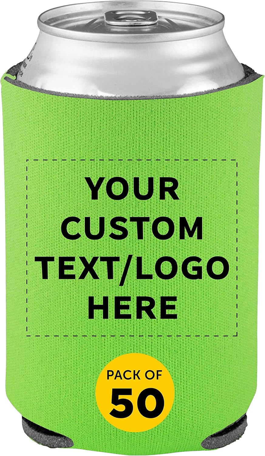 DISCOUNT PROMOS Custom Collapsible Beer Can Coolers 4mm Set of 50, Personalized Bulk Pack - Great for Beer, Soda, Other Beverages - Lime Green