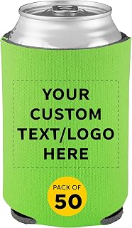 DISCOUNT PROMOS Custom Collapsible Beer Can Coolers 4mm Set of 50, Personalized Bulk Pack - Great for Beer, Soda, Other Beverages - Lime Green