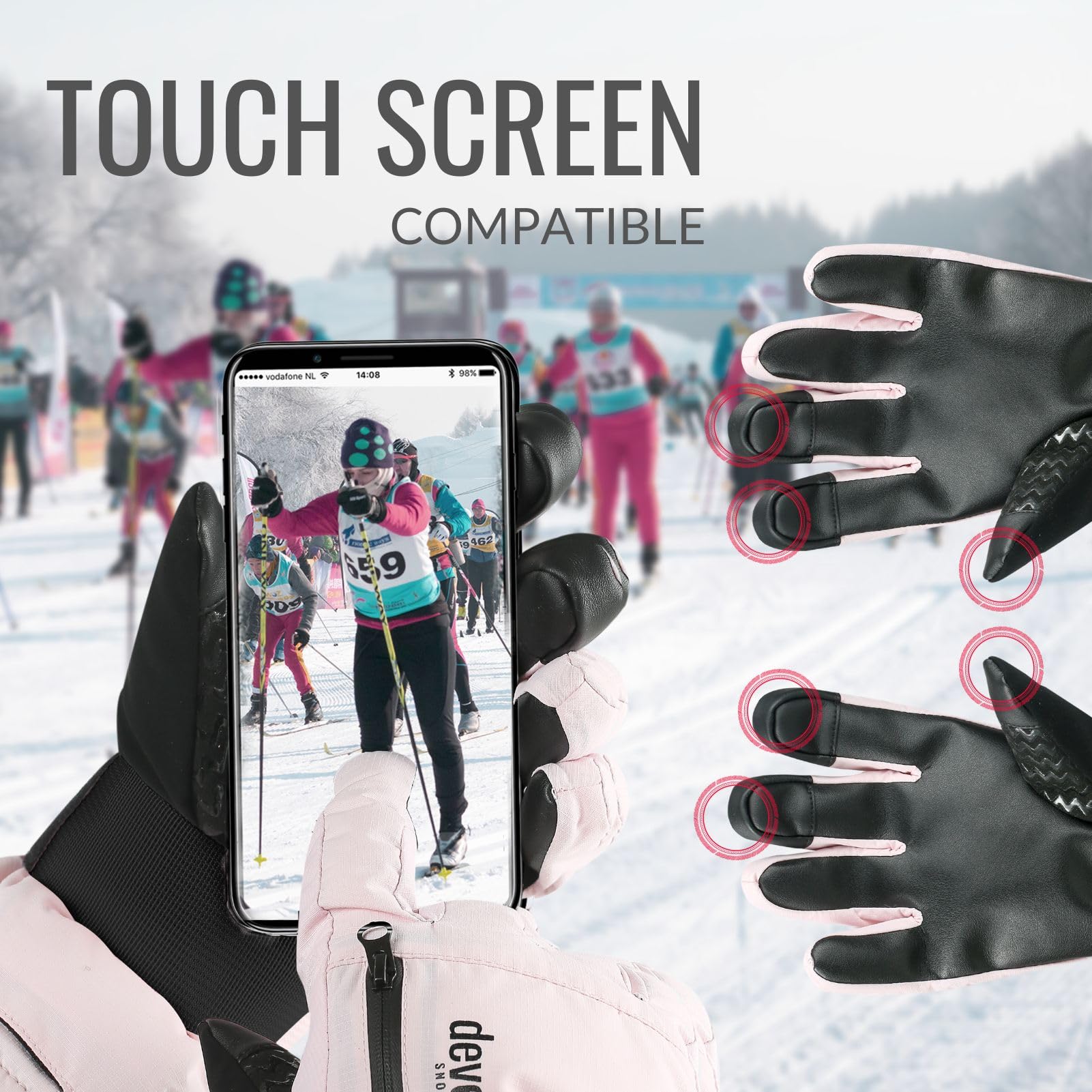 devembr Ski Handschoenen met Polsbescherming, Touchscreen Snowboard Handschoenen, Waterdicht, Groen, L