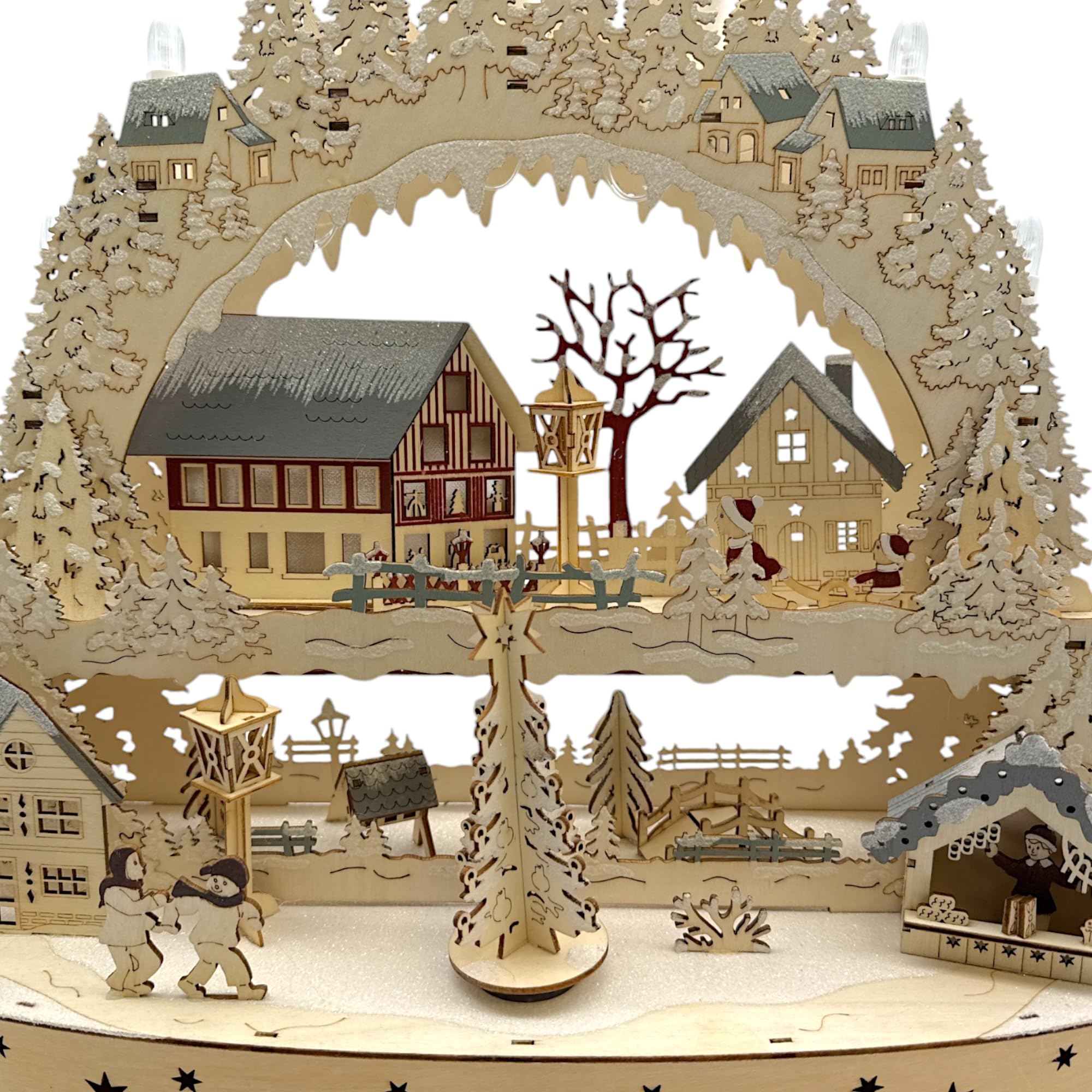 Wichtelstube-Kollektion XXL LED Schwibbogen Weihnachtsdorf, Lichterbogen mit Podest mehrere Ebenen und Bewegung Schwippbogen mit drehenden Weihnachtsbaum Echtholz