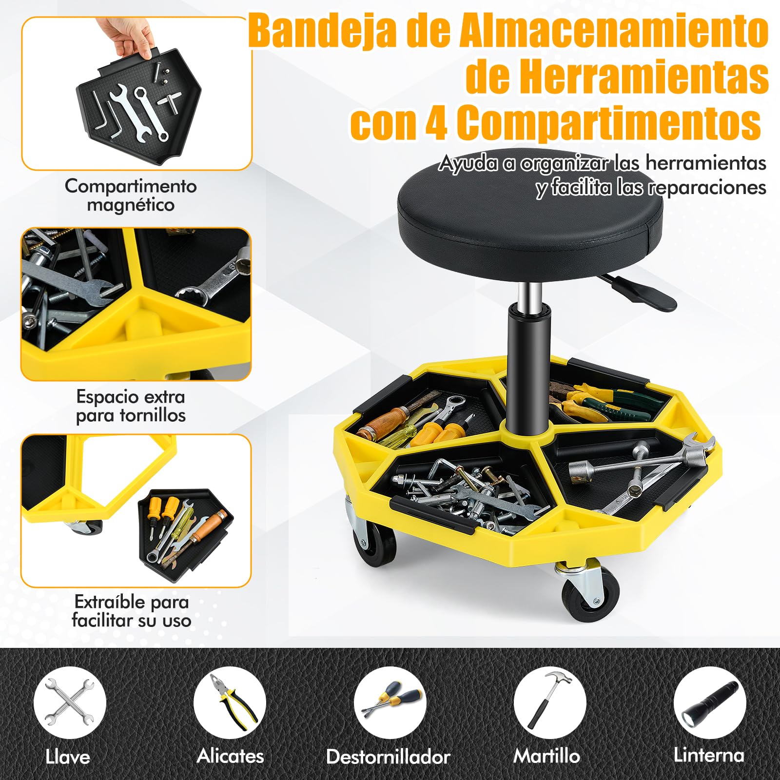 GOPLUS Taburete de Mecánico con 4 Ruedas, Taburete de Taller con Bandeja de Herramientas, Carga 150 kg, 50,5 x 50,5 x 41-55 cm, Ajustable, Asiento Mantenimiento para Coches Garaje (Negro + Amarillo)