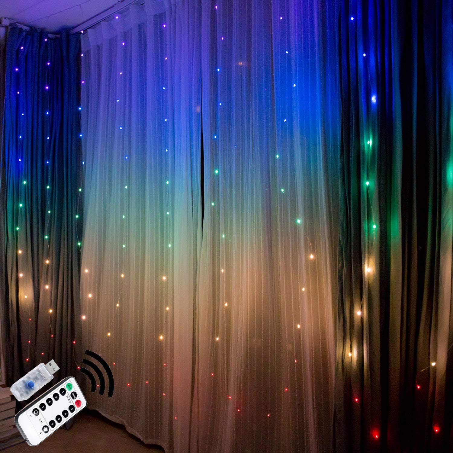 Fairy Lights Led String Lights Twinkle Colour Changing Lighted Curtains Coloured Indoor Window Light up Decorations for Bedroom Dorm Room Wall Decor Wedding Party Backdrop Rainbow