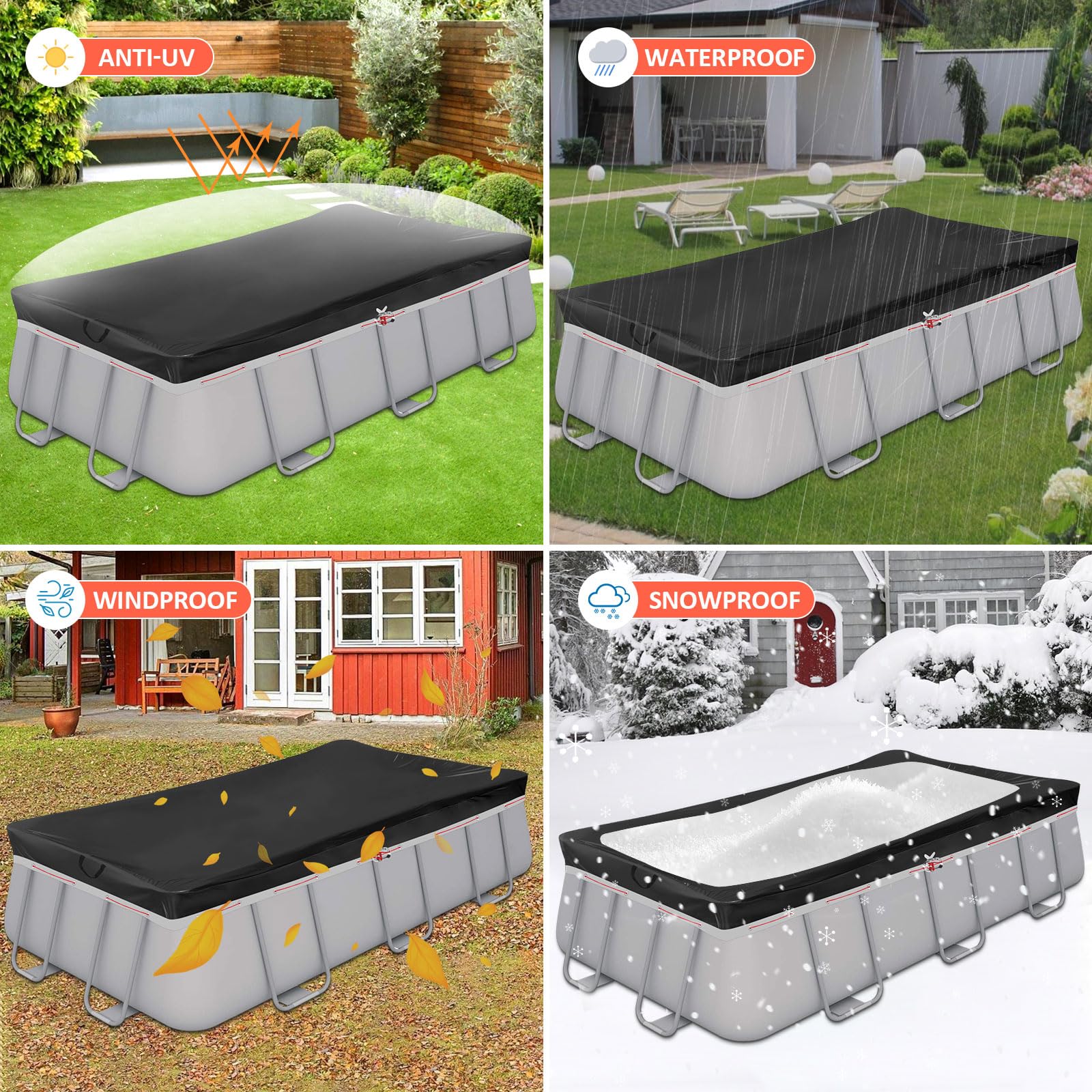 Cubre Piscina Rectangular 420D 305x205 para 300x200cm con Ojales | Negro, 420D Oxford, con Ojales Reforzados, Impermeable, Anti-UV y Resistente al Desgarro, para INTEX y BESTWAY