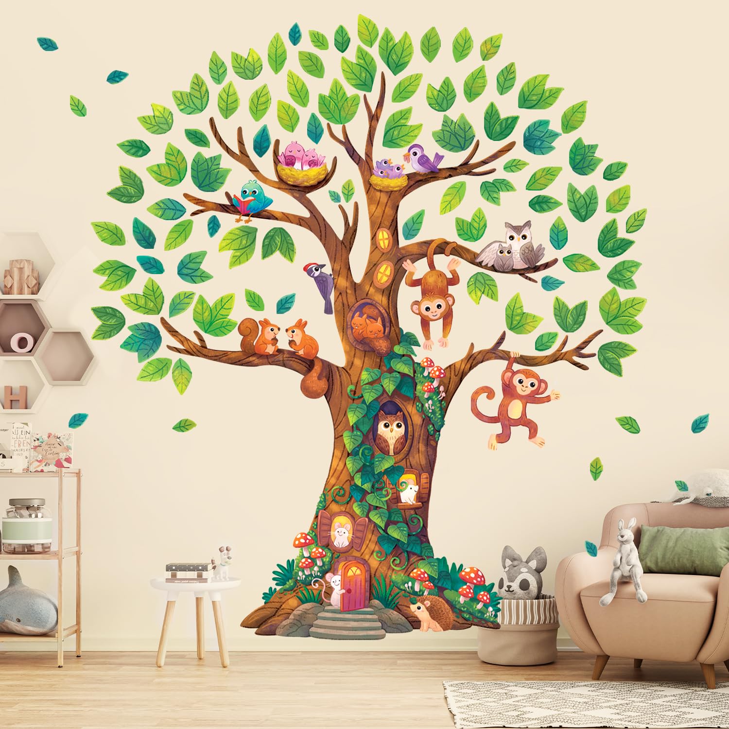 DECOWALLDL4-2303 XLarge Giant Tree Wall Stickers (60x62 inch) Decals Kids Baby Nursery Bedroom Jungle Woodland Leaf Forest Large Birch Vinyl Peel and Stick Enchanted Classroom Family Nature vinilos
