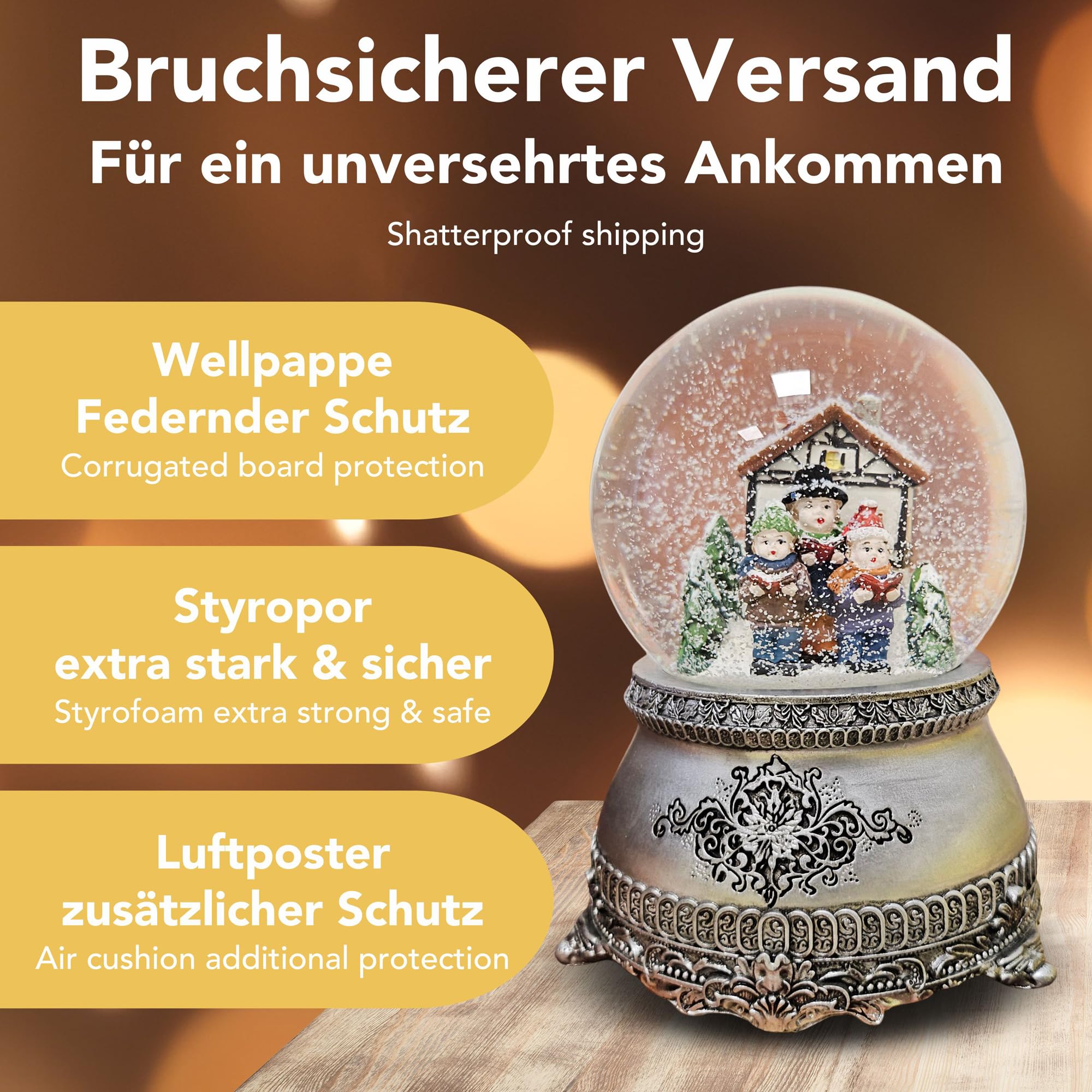 Schneekugel Weihnachten Spieluhr | Weihnachtssinger Fachwerkhaus | Sockel Zinn Ornamente | Höhe: 140mm, Breite 100mm | mit Musik | Schüttelkugel mit Weihnachtsmelodie | 20315