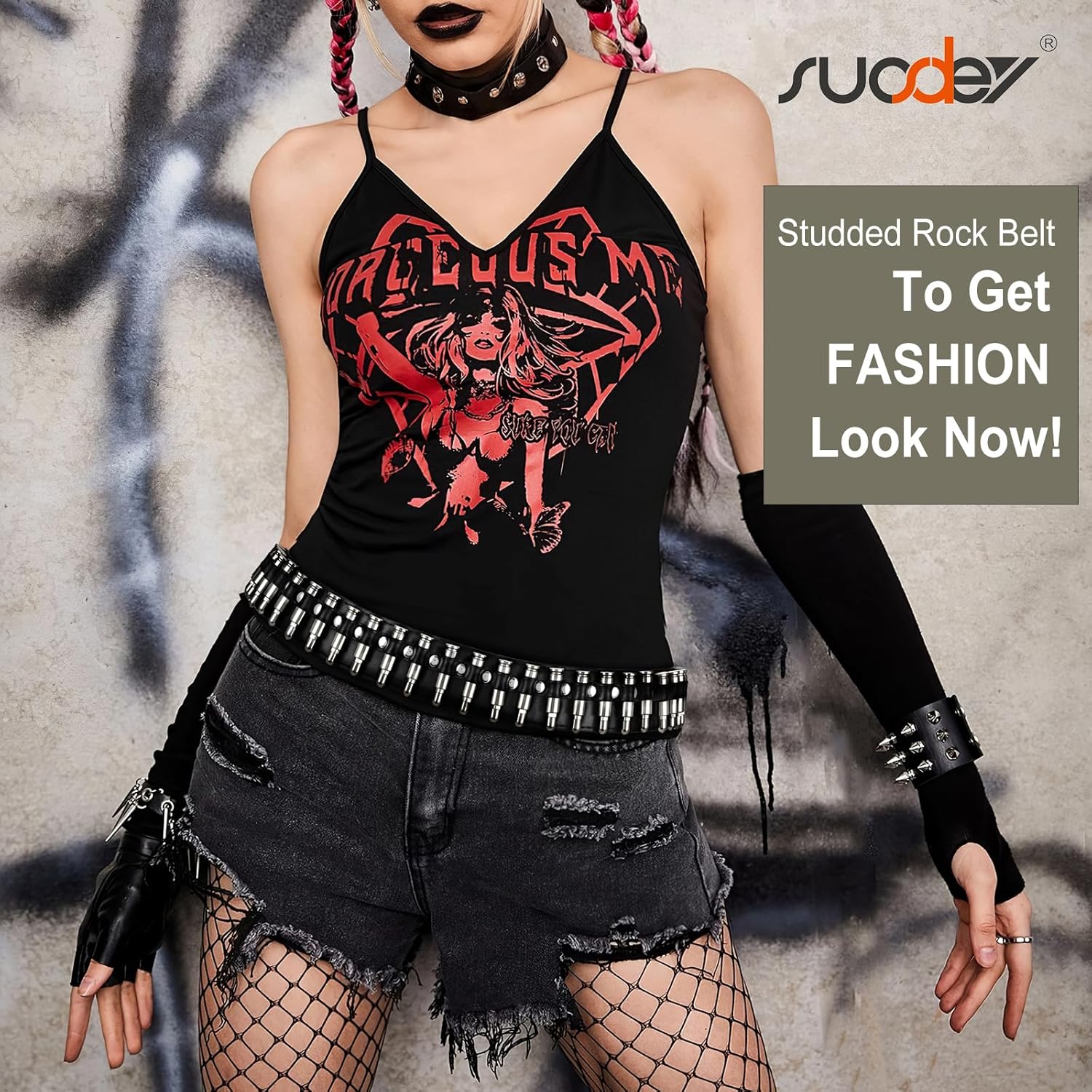 SUOSDEY Black Studded Belt,Y2K Silver Metal Grommet Belt for Men Women Punk Rock Style for Jeans Pants - Image 5