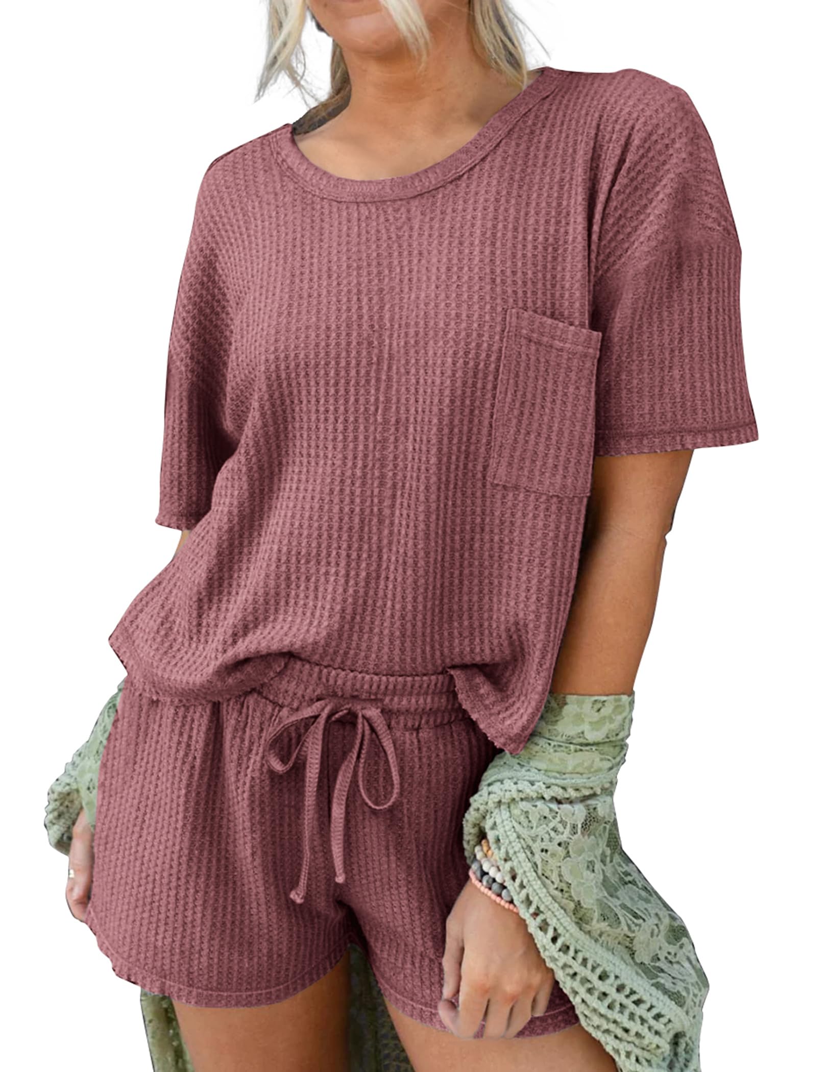 Andeip Pajamas Womens Waffle Knit Lounge Set Short Sleeve Top and Shorts 2 Piece Loungewear Outfits with Pockets