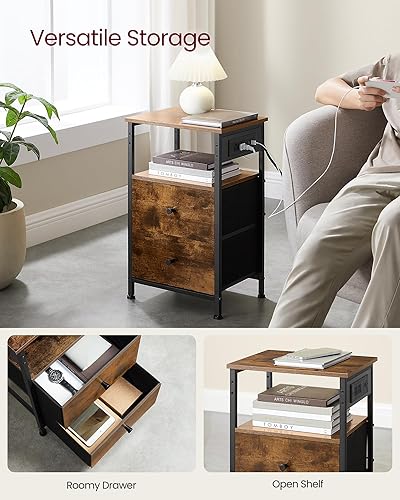 Miniatura 7 de VASAGLE Mesita de noche con estación de carga, juego de 2 mesitas de noche, mesa auxiliar con 2 cajones y 1 estante abierto, cajones de tela con