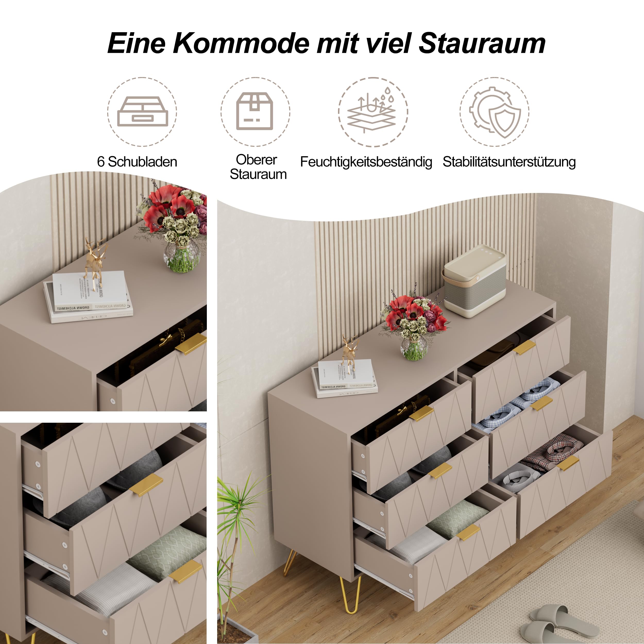 UEV Kommode mit 6 Schublanden 100x34x73cm Aufbewahrungsschrank (Moka)