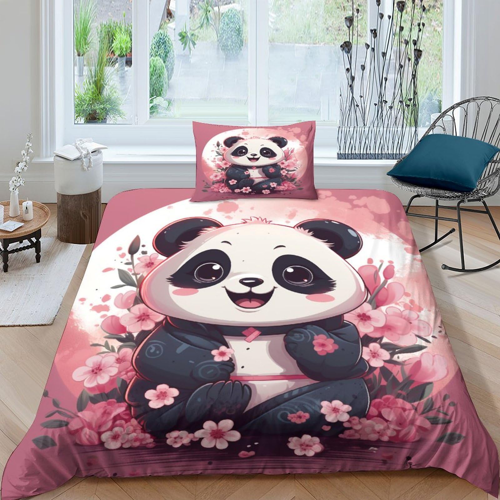 Housse de couette panda literie microfibre anti-plis parure de lit 3 pièces pour lit simple