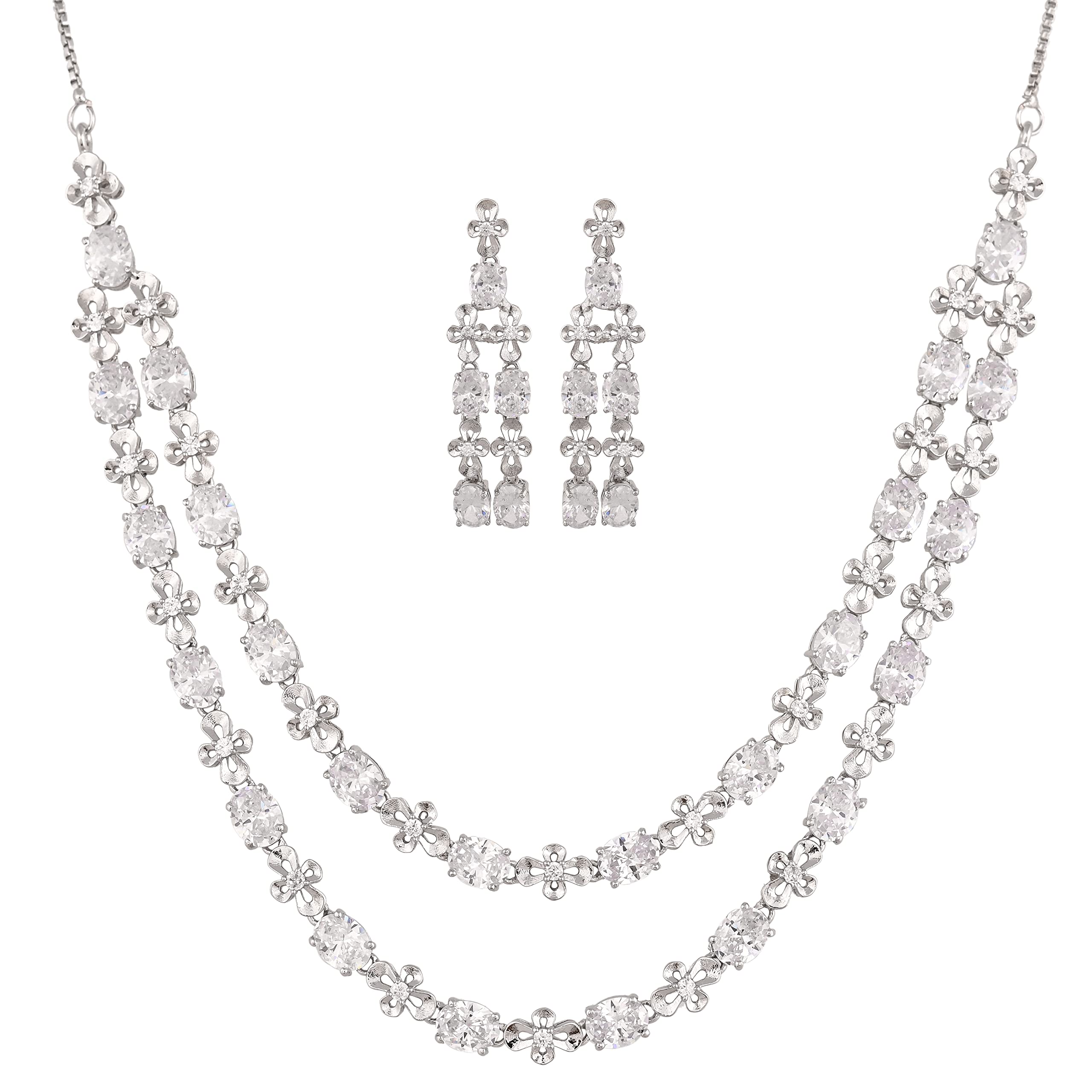 RATNAVALI JEWELS American Diamond Necklace set Multi Strand Silver Plated Traditional stylish wedding Western AD Jewellery Set with Dangler Earring for Women/Girls (B0BGSNJGGN) Amazon Price History, Amazon Price Tracker