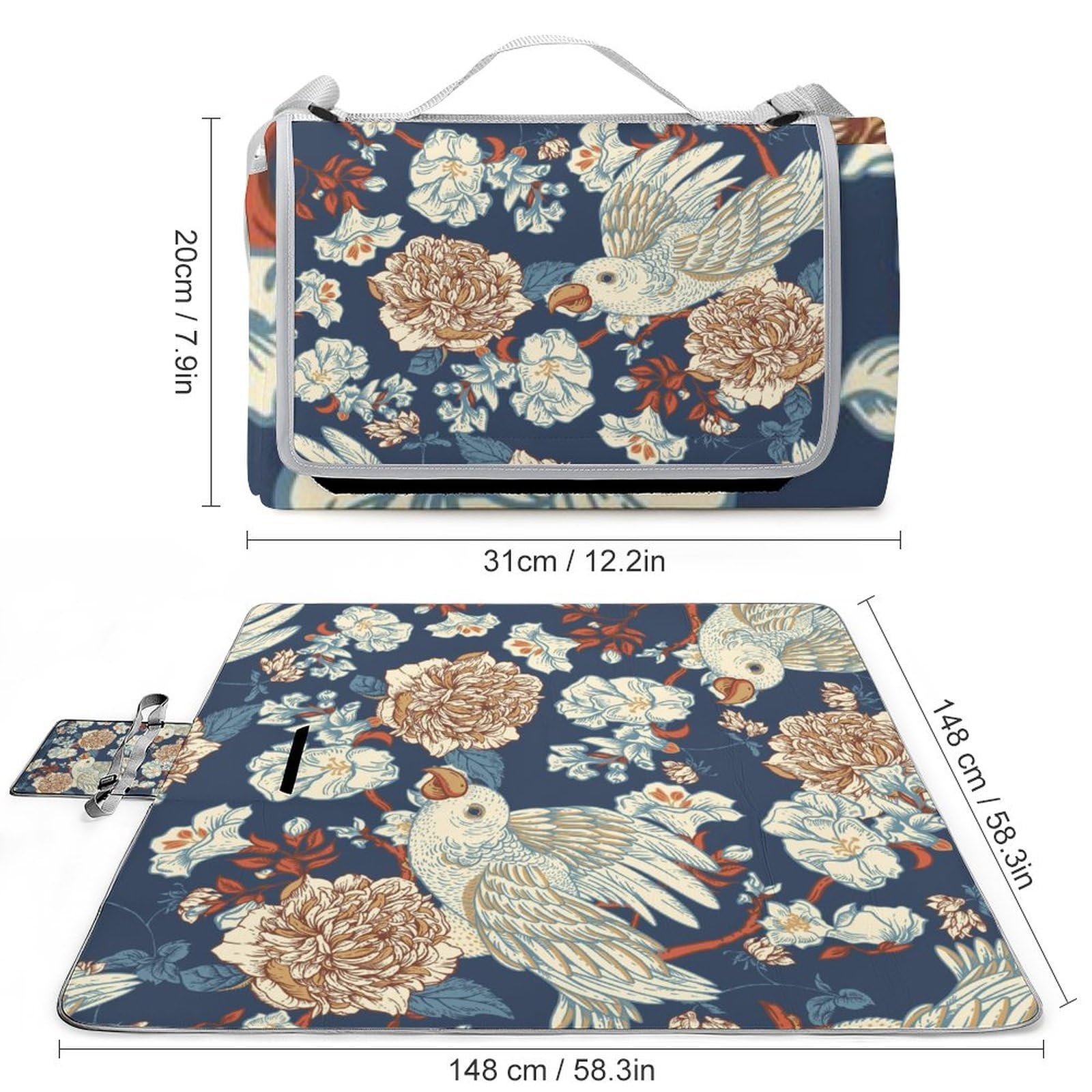 Vintage-Bird-with-Flowers Picnic Blanket Waterproof Foldable, Large Outdoor Picnic Blanket Beach Blankets Camping Blanket Travel Mat, Shoulder Strap Tote, Rectangle 58x58in