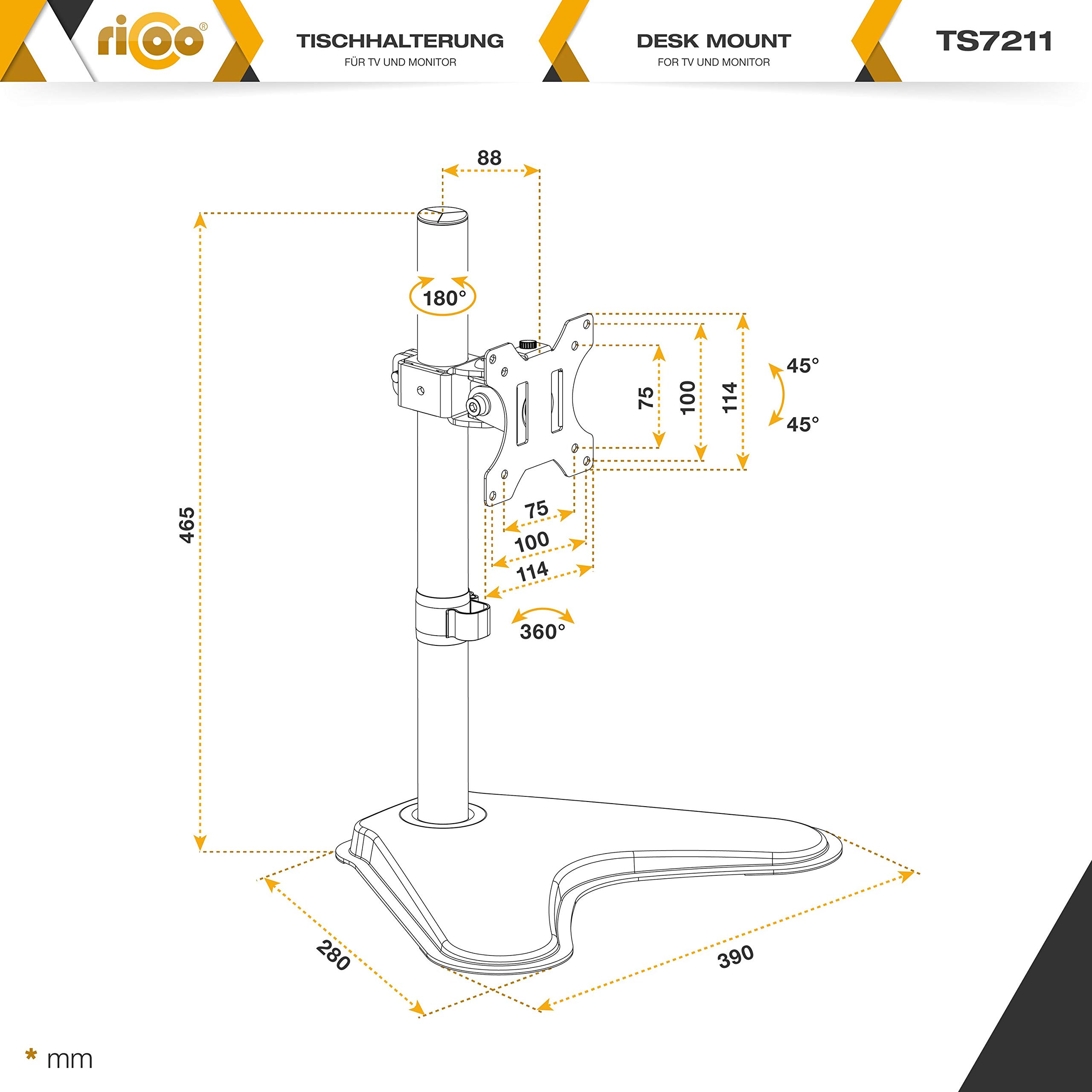 RICOO TS7211 Support Écran PC TV 1 Écran 13 17 19 22 24 27 28 32 Pouces Orientable Inclinable Rotatif Universel Fixation Bureau Pince de Table VESA 75x75 100x100