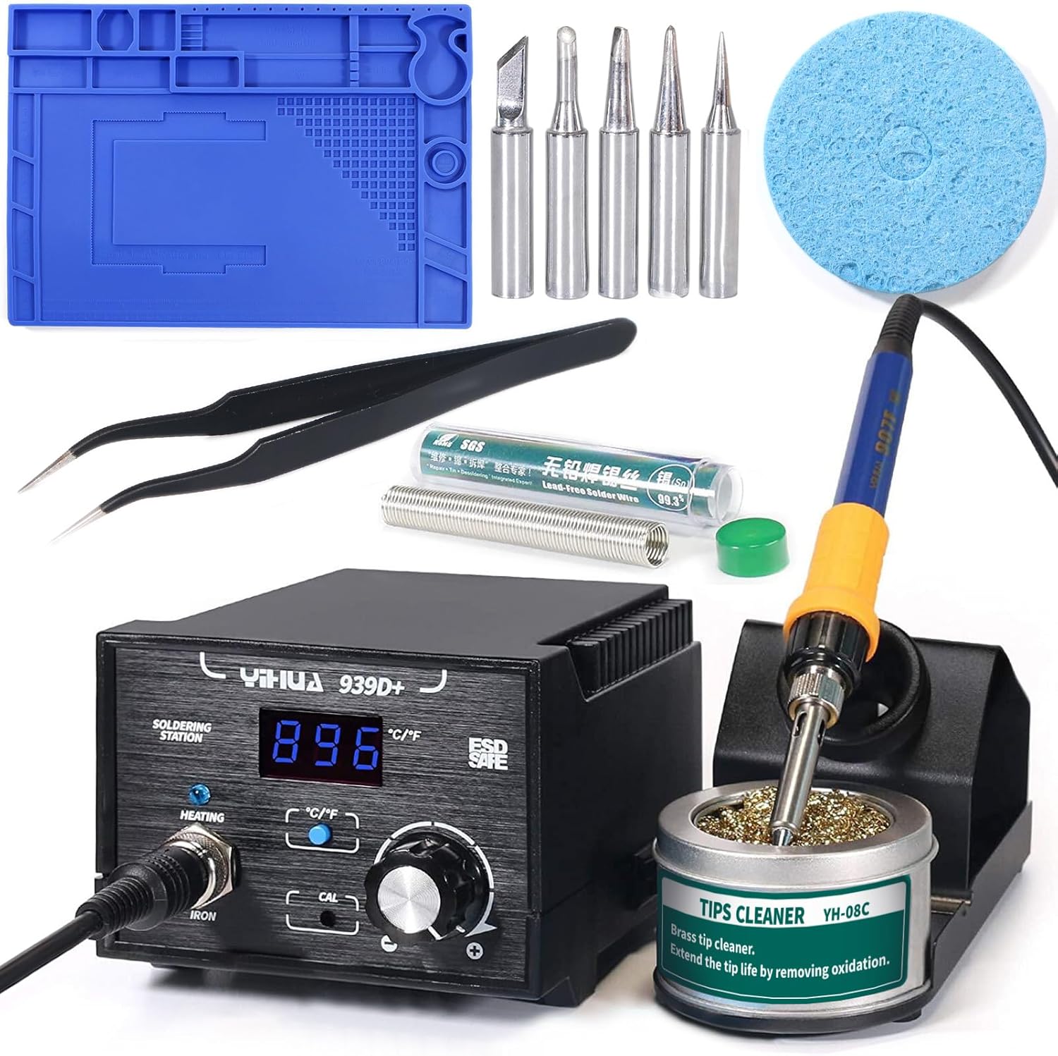 YIHUA 939D+ Professional Soldering Station bundle with 17.32" x 12.20" M180 Electronic Repair Mat Bundle with Iron holder, Soldering Cleaning Kit and Accessories (13 Items)