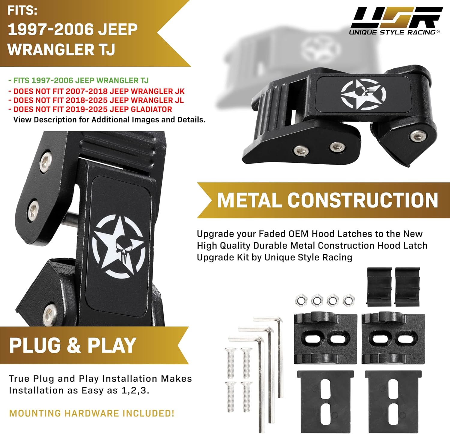 USR 97-06 TJ HOOD LATCHES Metal Constructed Lock Catch – HeavyDuty Hoodlatch Set (2pc) Compatible with 1997-2006 Jeep Wrangler SE/Sahara/Sport/Rubicon (SKULL EDITION w/INSTALL HARDWARE)