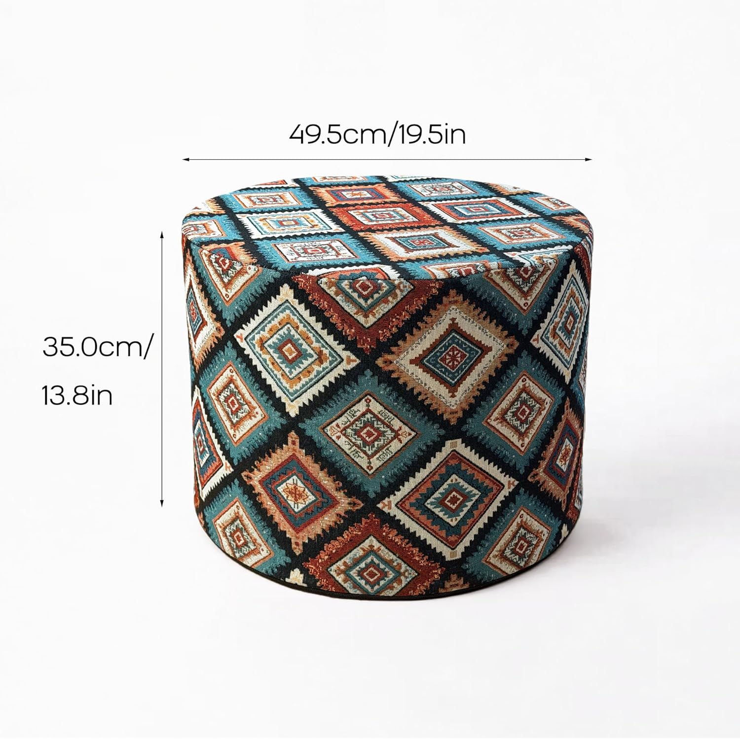 Pouf Ottoman Footrest Boho Embroidered Stuffed Round Pouf, 20" Tribal Geometric Accent Decor, Removable Cover & Firm Foam, Multifunctional, for Living Room Bedroom Vanity, Teal & Rust
