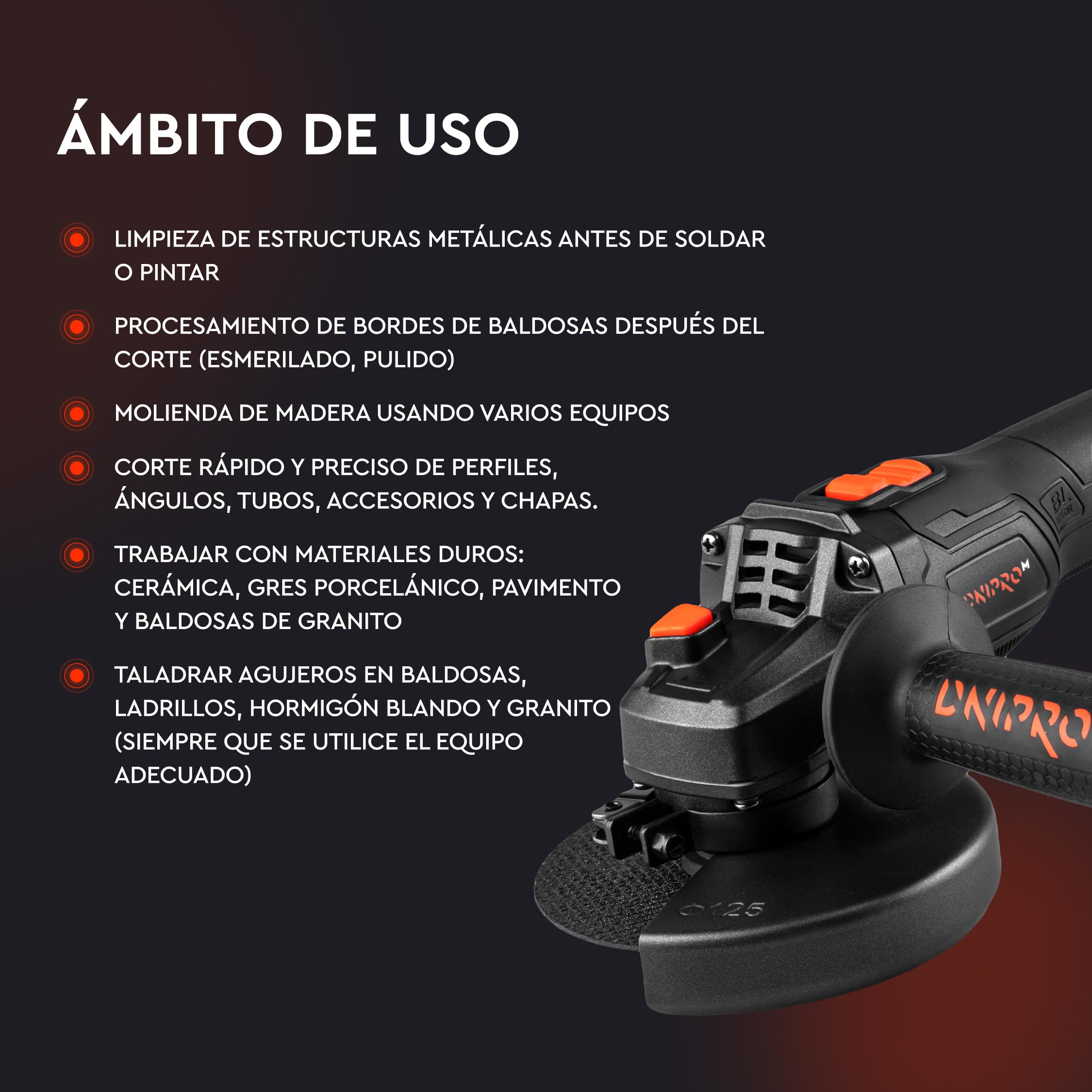 Amoladora Angular Inalámbrica DGA-202SBC 20V Brushless - Radial 125 mm con 6 Velocidades hasta 9.000 rpm, M14, Arranque Suave, Incluye Batería 6Ah y Cargador para Corte y Desbaste - por Dnipro-M
